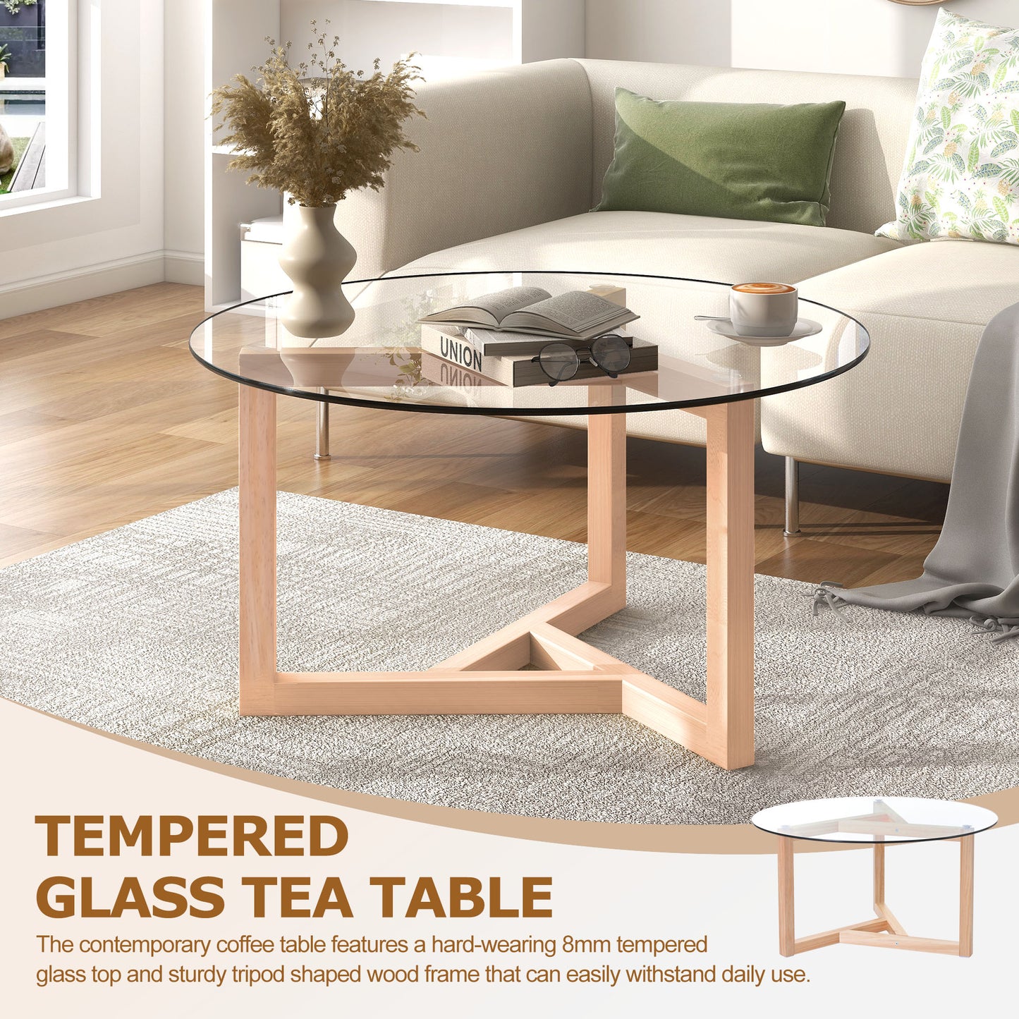 ON-TREND Round Glass Coffee Table Modern Cocktail Table Easy Assembly with Tempered Glass Top & Sturdy Wood Base, Natural