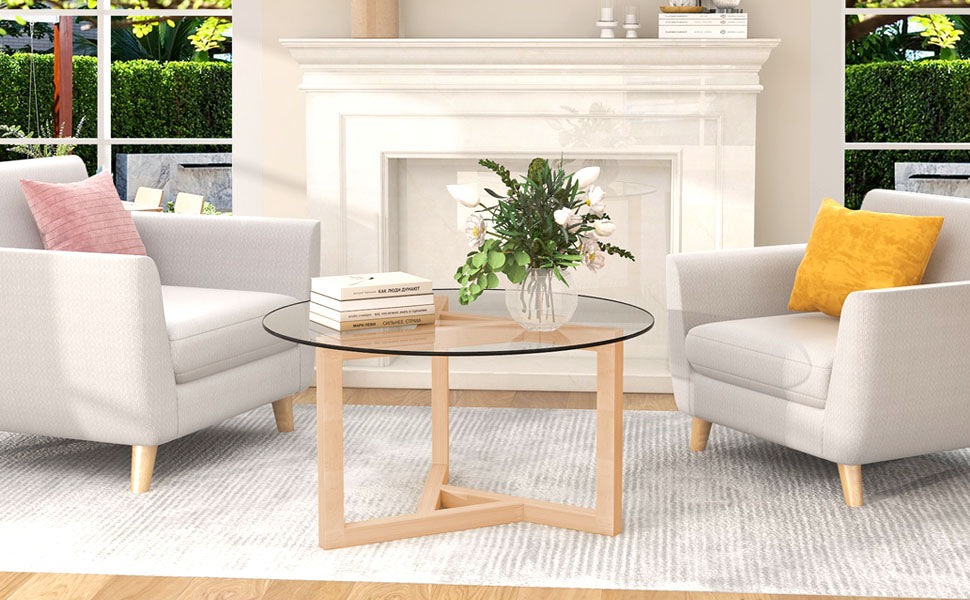 ON-TREND Round Glass Coffee Table Modern Cocktail Table Easy Assembly with Tempered Glass Top & Sturdy Wood Base, Natural