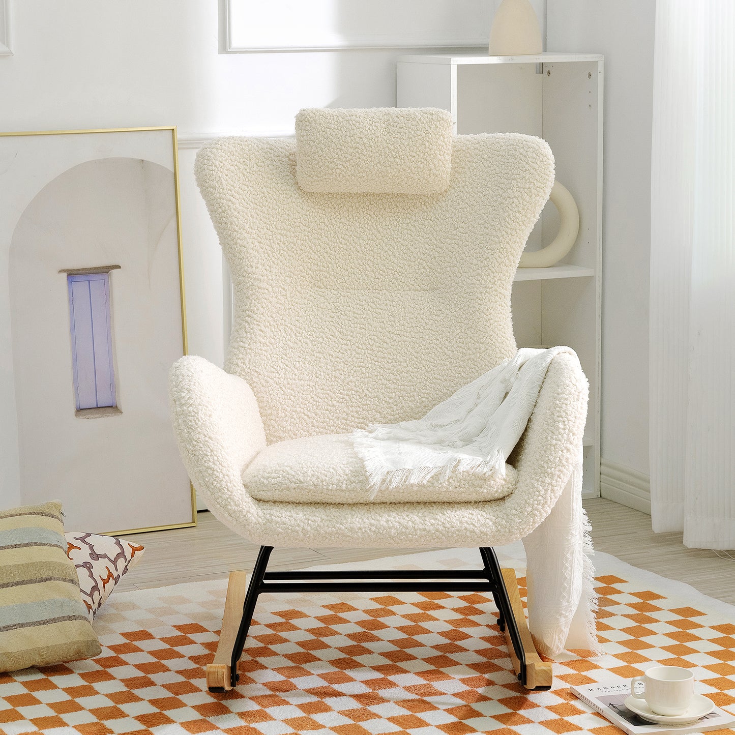 Rocking Chair - with rubber leg and cashmere fabric, suitable for living room and bedroom