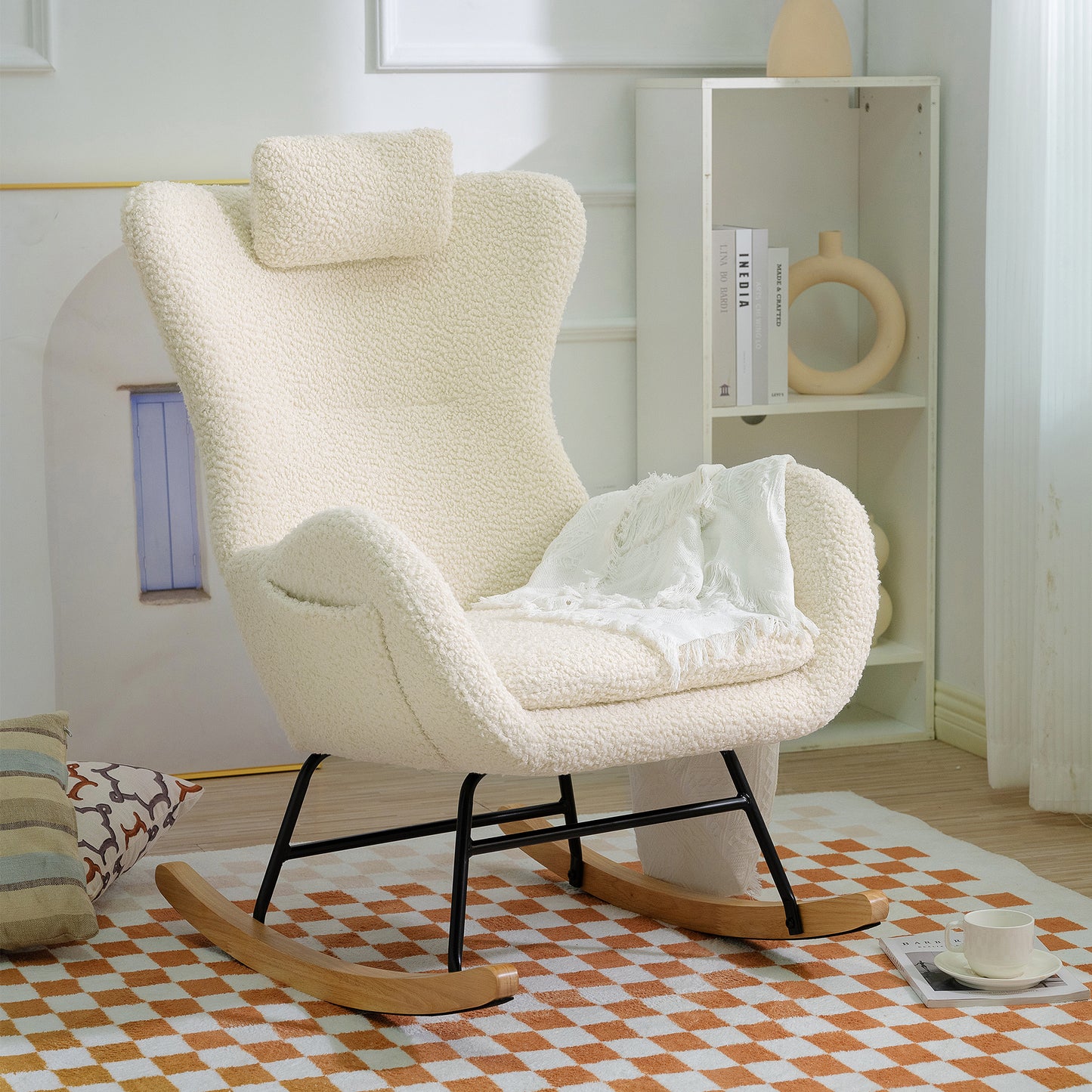 Rocking Chair - with rubber leg and cashmere fabric, suitable for living room and bedroom