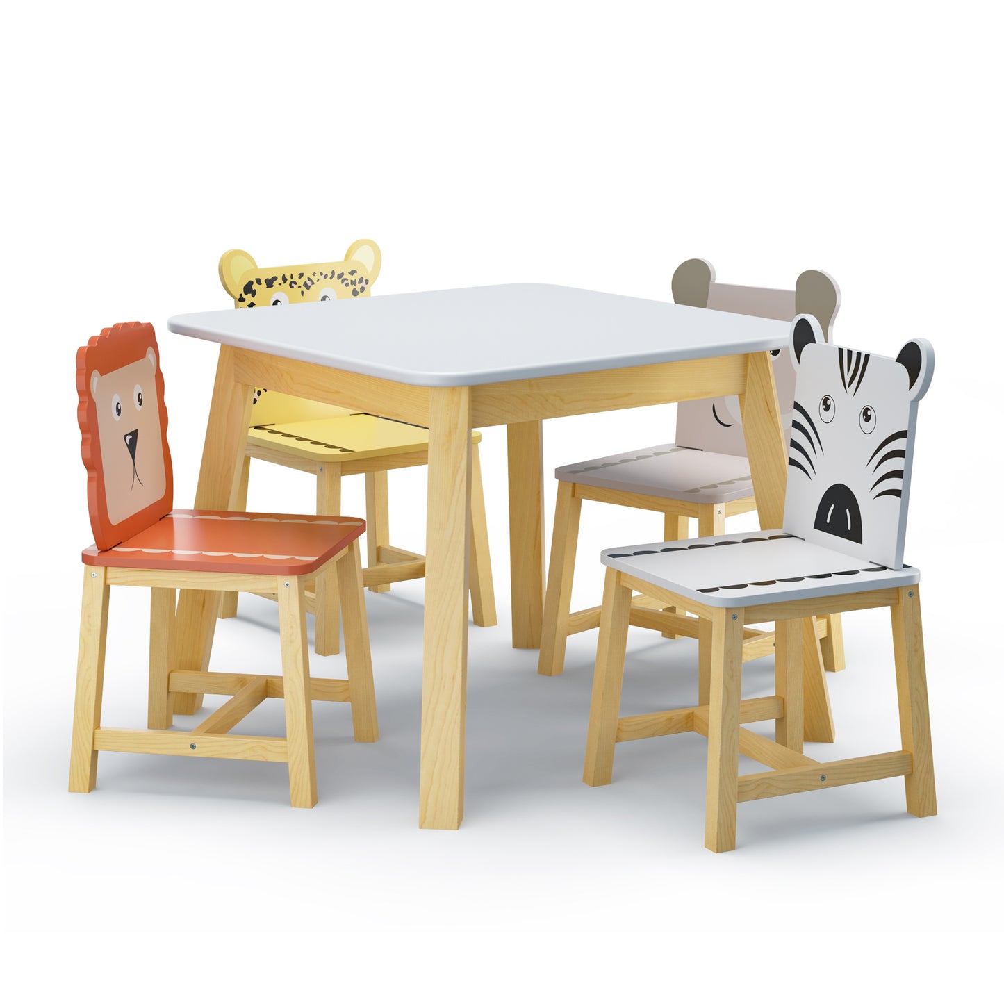 5 Piece Kiddy Table and Chair Set , Kids Wood Table with 4 Chairs Set Cartoon Animals (bigger table) (3-8 years old)