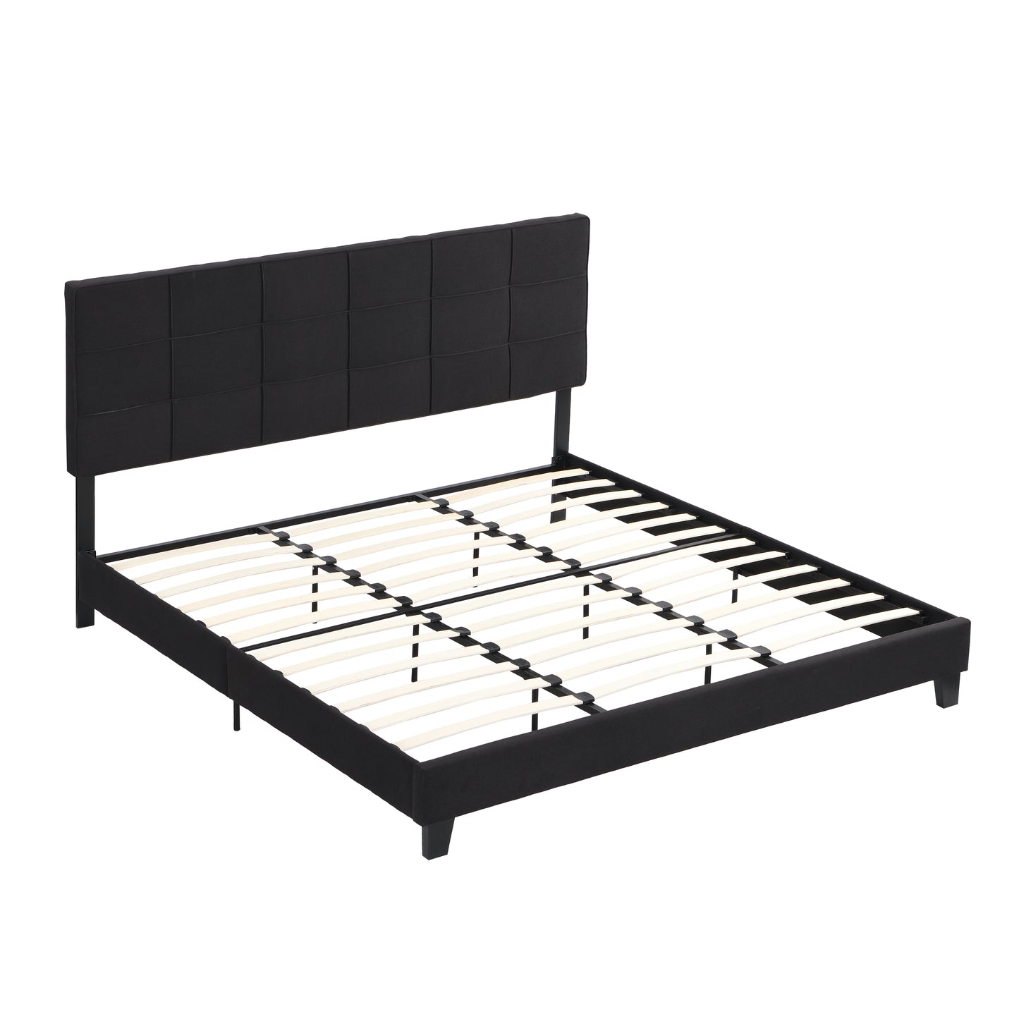 King Size Upholstered Platform Bed Frame with Linen Fabric Headboard, No Box Spring Needed, Wood Slat Support, Easy Assembly, BLACK