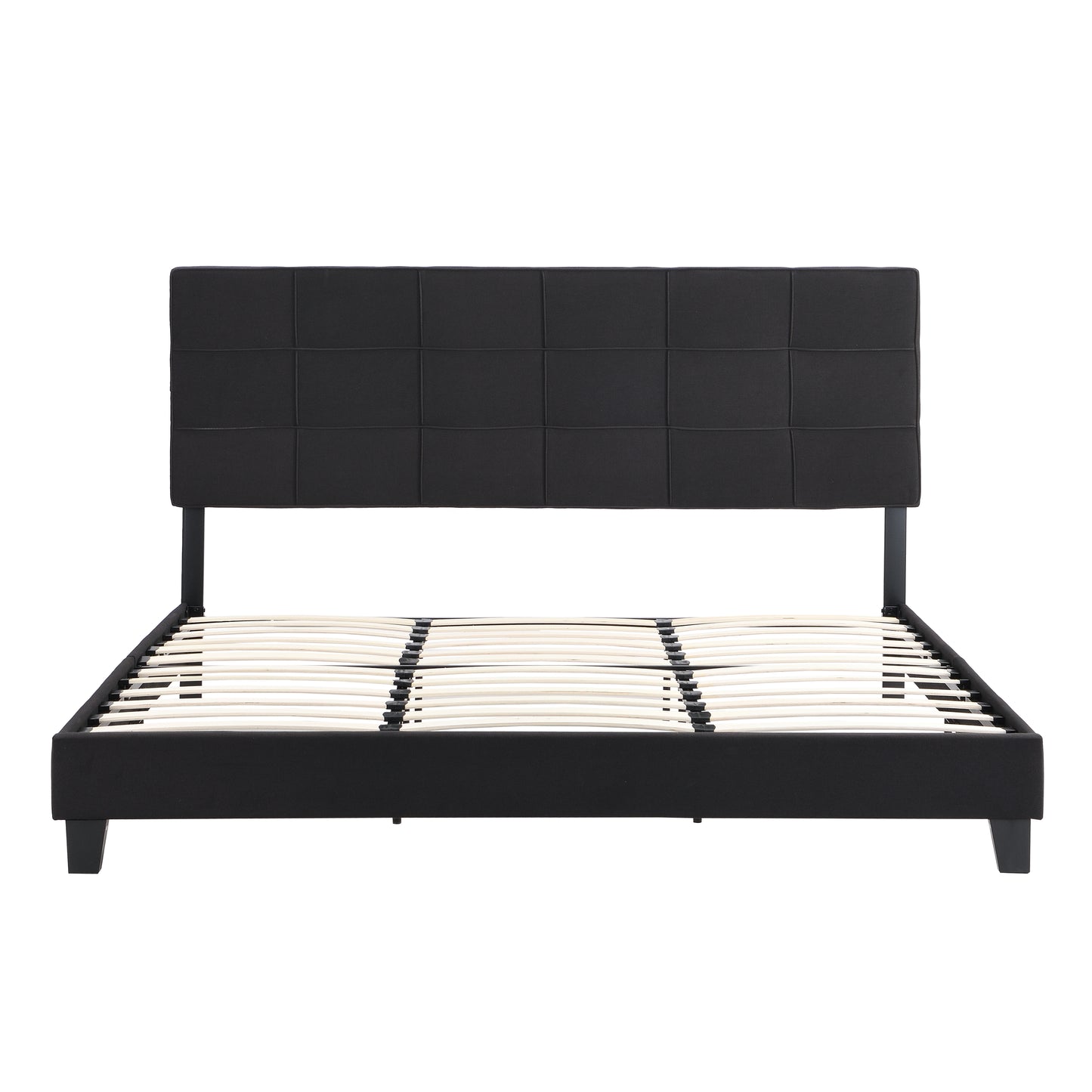 King Size Upholstered Platform Bed Frame with Linen Fabric Headboard, No Box Spring Needed, Wood Slat Support, Easy Assembly, BLACK