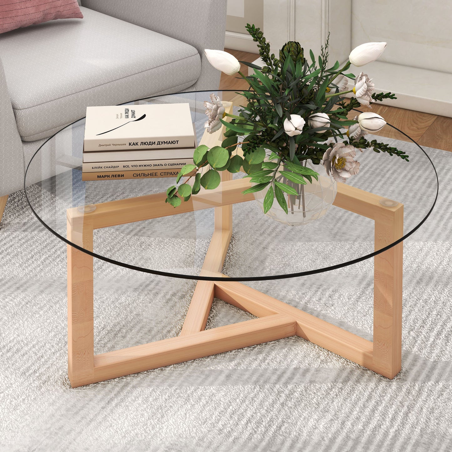 ON-TREND Round Glass Coffee Table Modern Cocktail Table Easy Assembly with Tempered Glass Top & Sturdy Wood Base, Natural