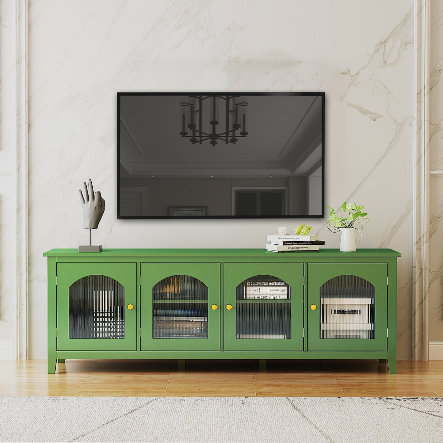 71-inchstylishTVcabinet Entertainment CenterTV stand,TVConsoleTable, Media Console,solidwood frame,Changhong glass door,Metal handle,antique green,canbeplacedin the children's room,bedroom Living Room