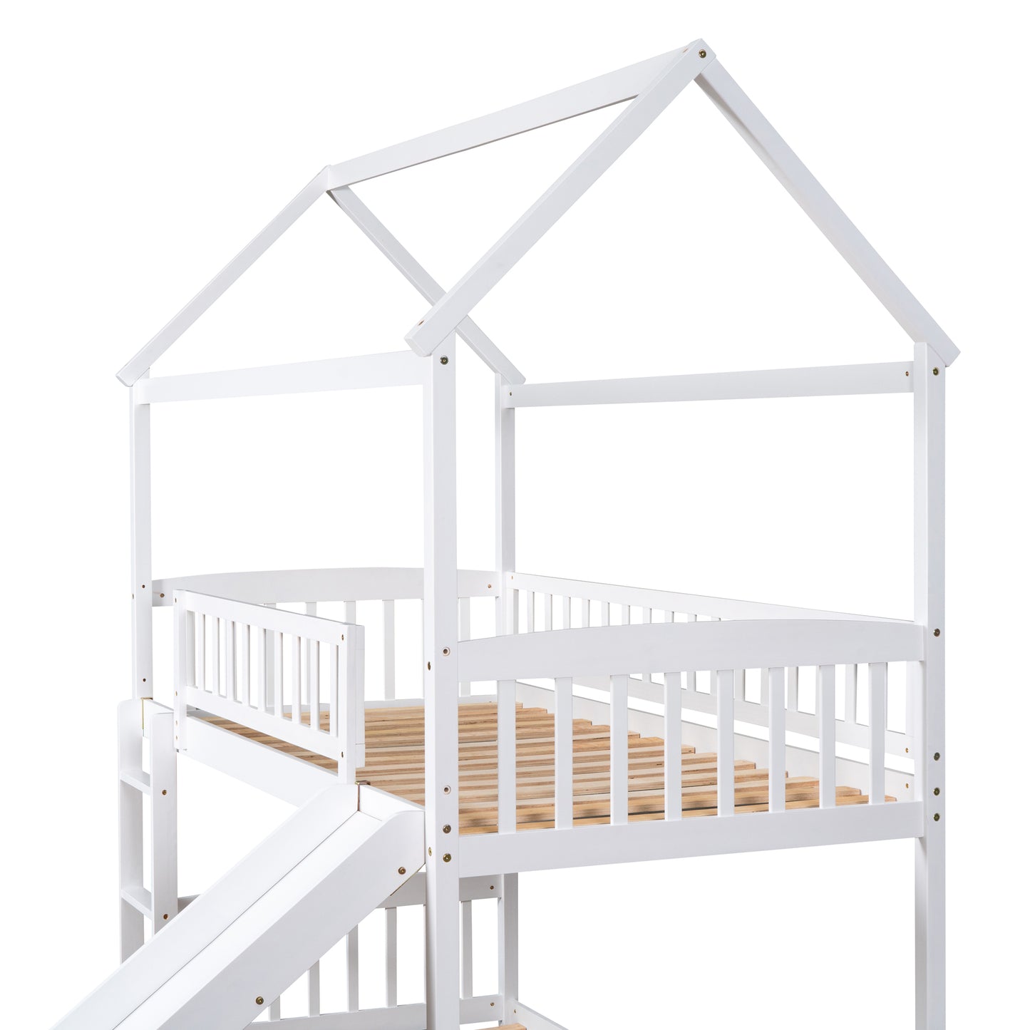 Twin Over Twin Bunk Bed with Slide, House Bed with Slide, White