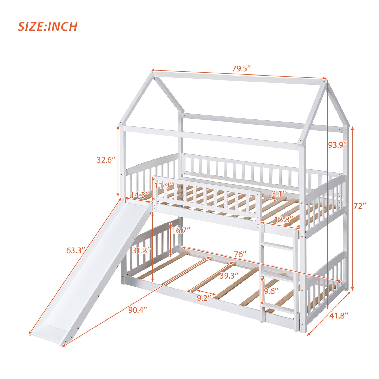 Twin Over Twin Bunk Bed with Slide, House Bed with Slide, White