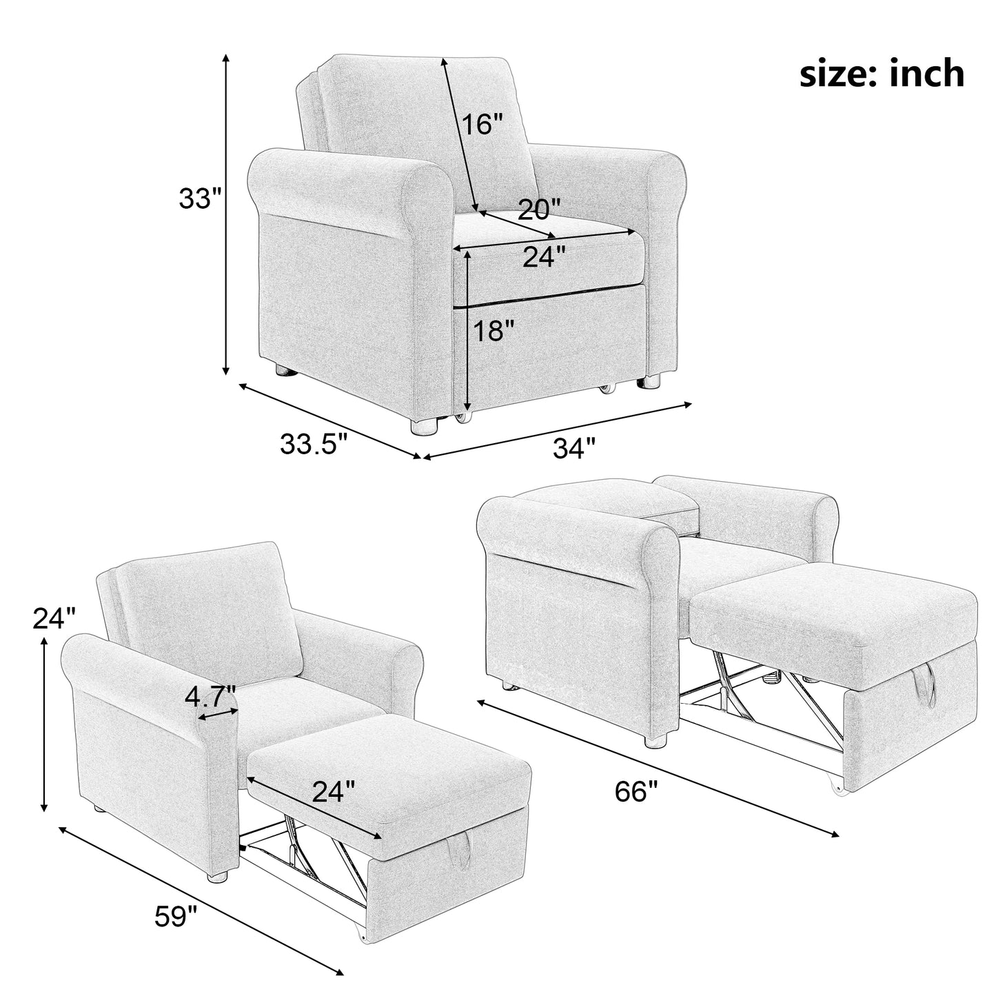 （预计1.17-1.24到货）3-in-1 Sofa Bed Chair, Convertible Sleeper Chair Bed,Adjust Backrest Into a Sofa,Lounger Chair,Single Bed,Modern Chair Bed Sleeper for Adults,Beige