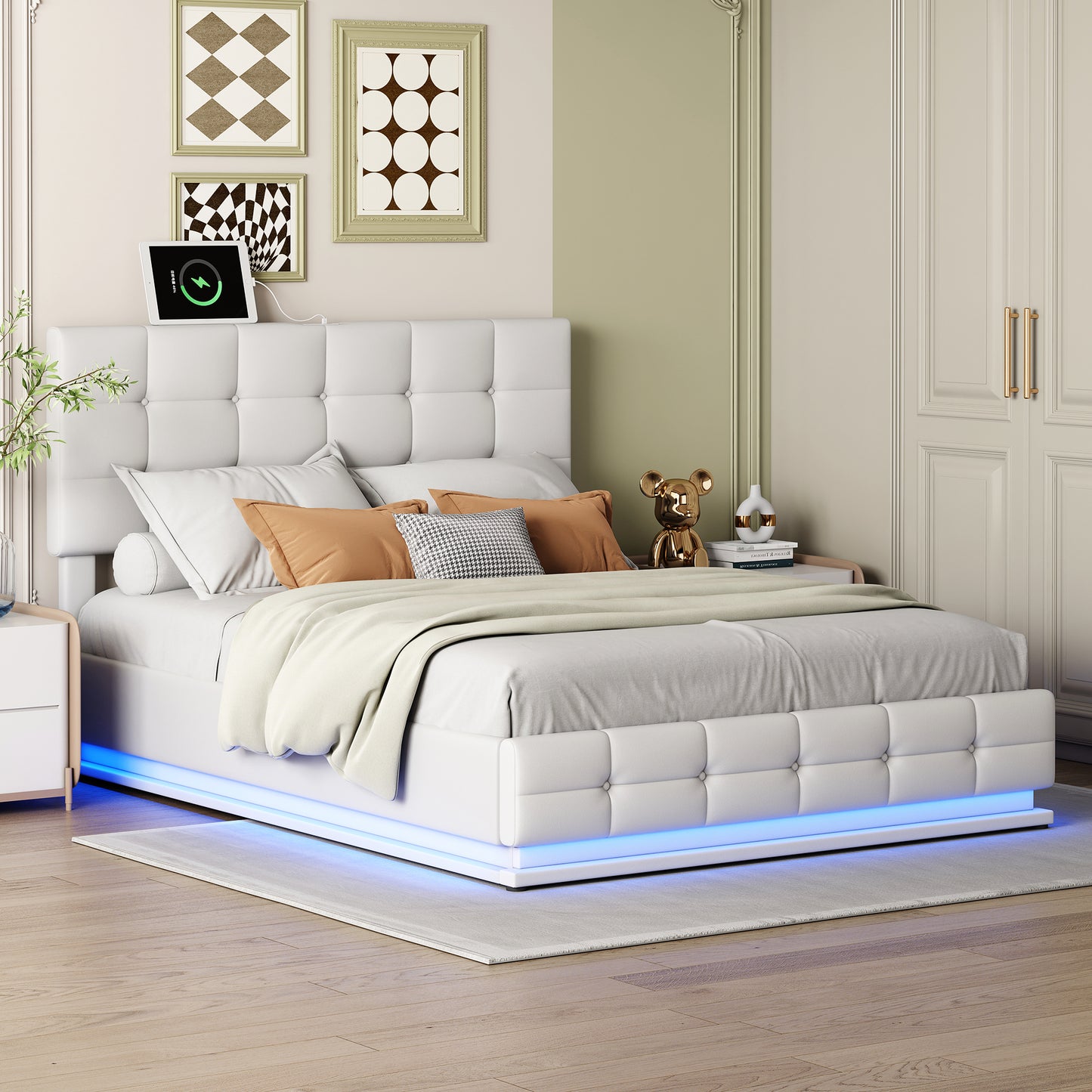 Tufted Upholstered Platform Bed with Hydraulic Storage System,Queen Size PU Storage Bed with LED Lights and USB charger, White