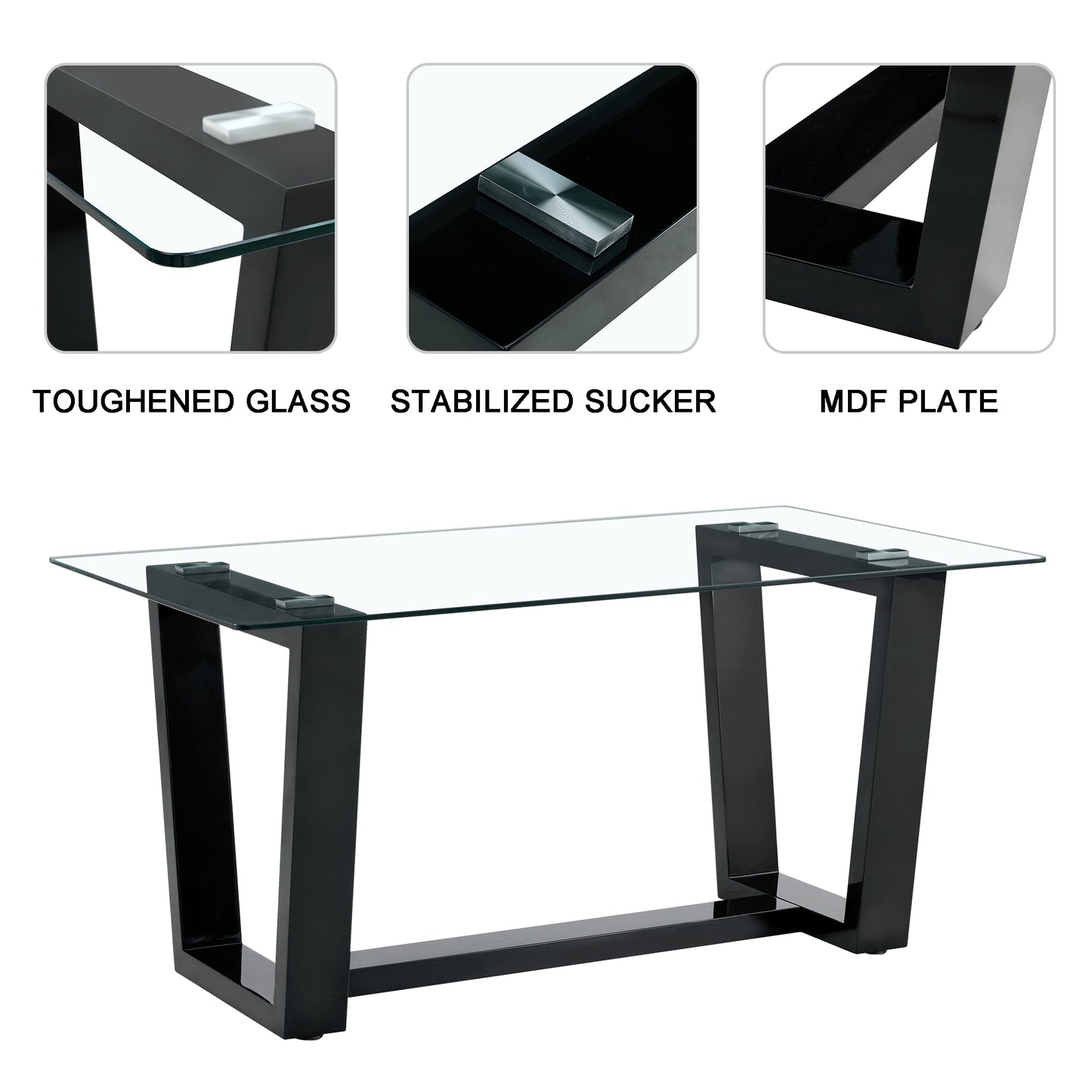 Table and chair set, 1 table with 4 white chairs. 0.4 "tempered glass desktop and black MDF, PU artificial leather high backrest cushion side chair, C-shaped tube black coated metal legs.