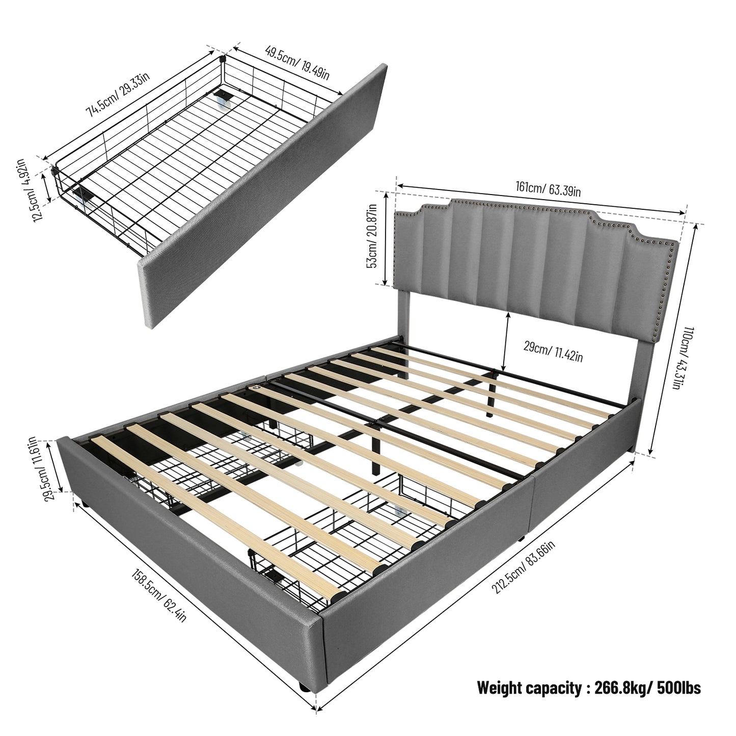 （缺货）Queen Size Upholstered Platform Bed Linen Bed Frame with 2 Drawers Stitched Padded Headboard with Rivets Design Strong Bed Slats System No Box Spring Needed Grey