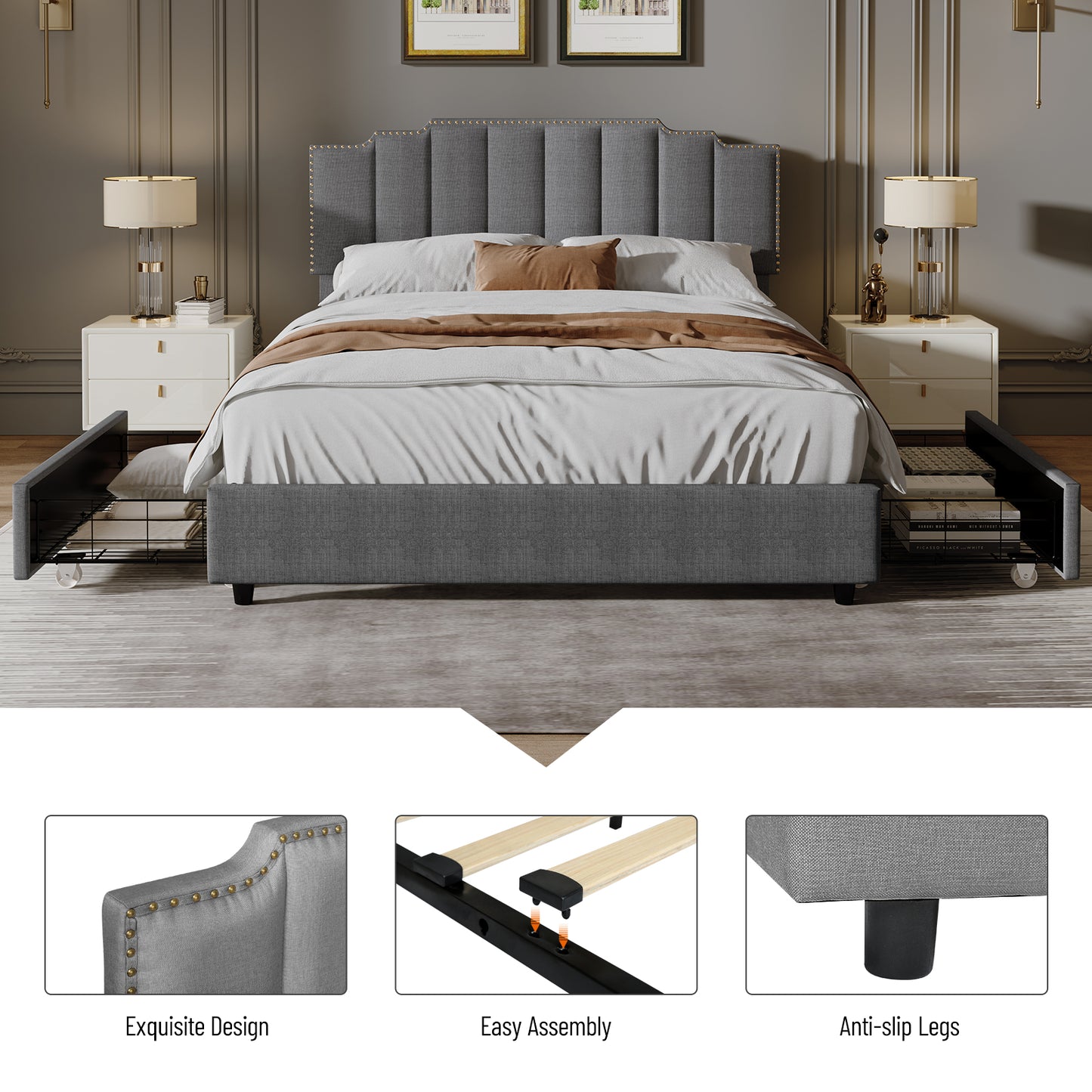 （缺货）Queen Size Upholstered Platform Bed Linen Bed Frame with 2 Drawers Stitched Padded Headboard with Rivets Design Strong Bed Slats System No Box Spring Needed Grey