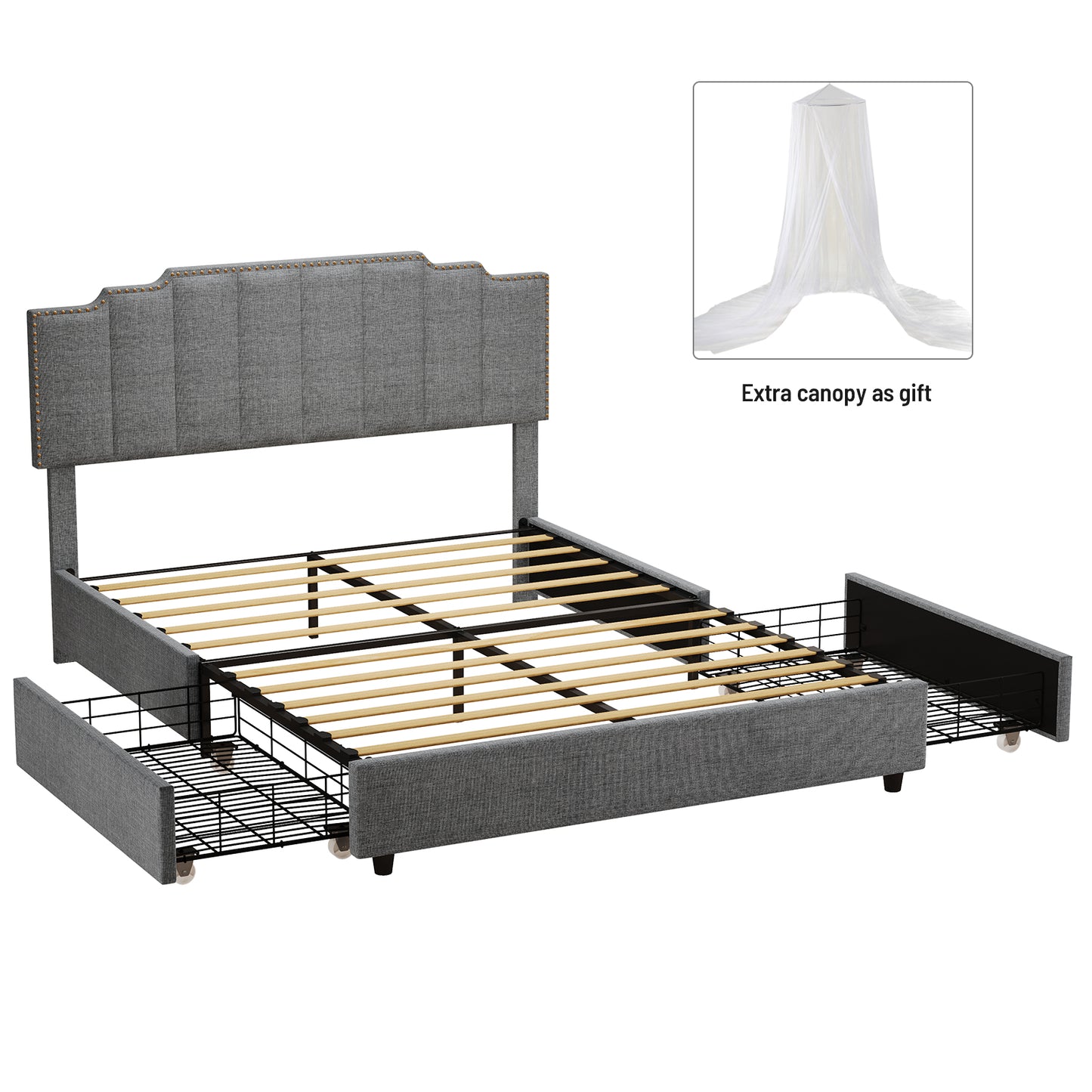 （缺货）Queen Size Upholstered Platform Bed Linen Bed Frame with 2 Drawers Stitched Padded Headboard with Rivets Design Strong Bed Slats System No Box Spring Needed Grey