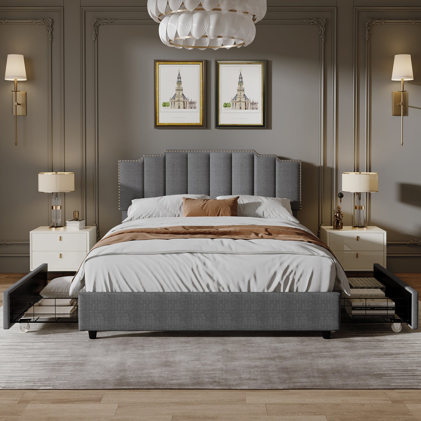 （缺货）Queen Size Upholstered Platform Bed Linen Bed Frame with 2 Drawers Stitched Padded Headboard with Rivets Design Strong Bed Slats System No Box Spring Needed Grey