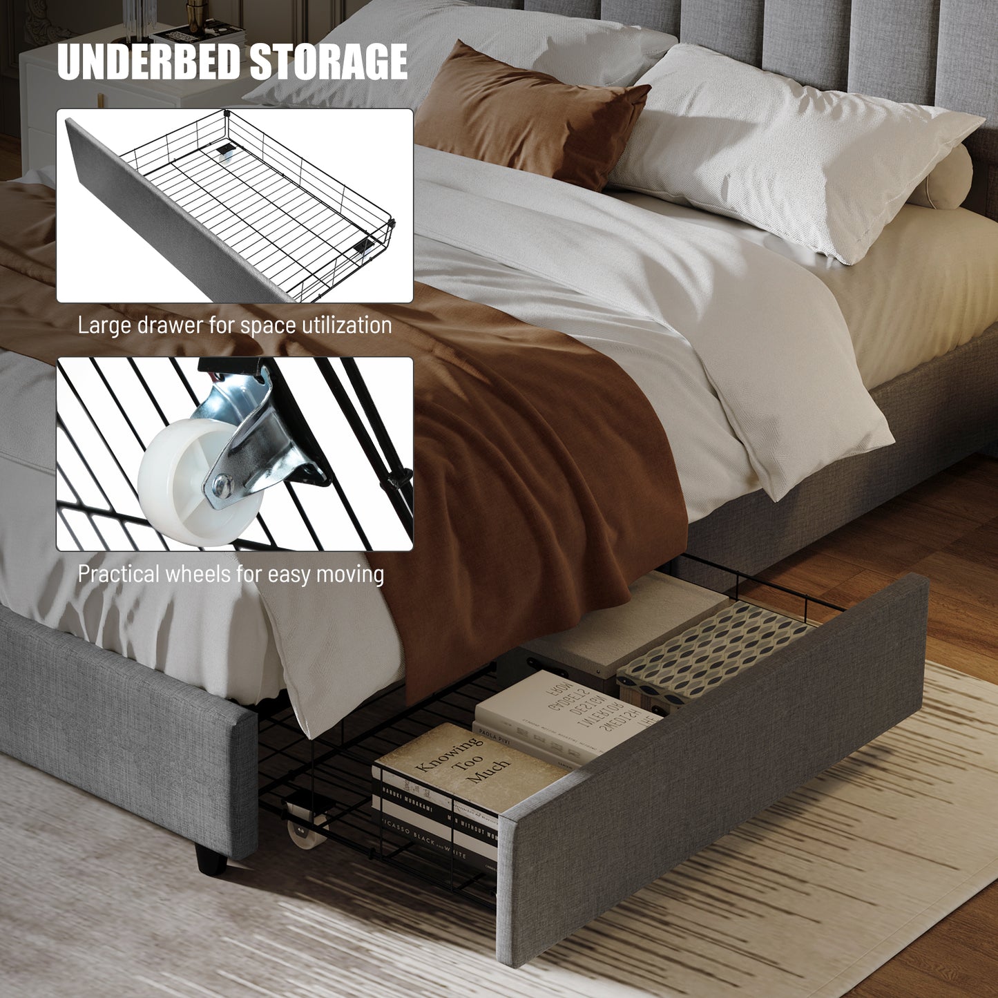 （缺货）Queen Size Upholstered Platform Bed Linen Bed Frame with 2 Drawers Stitched Padded Headboard with Rivets Design Strong Bed Slats System No Box Spring Needed Grey