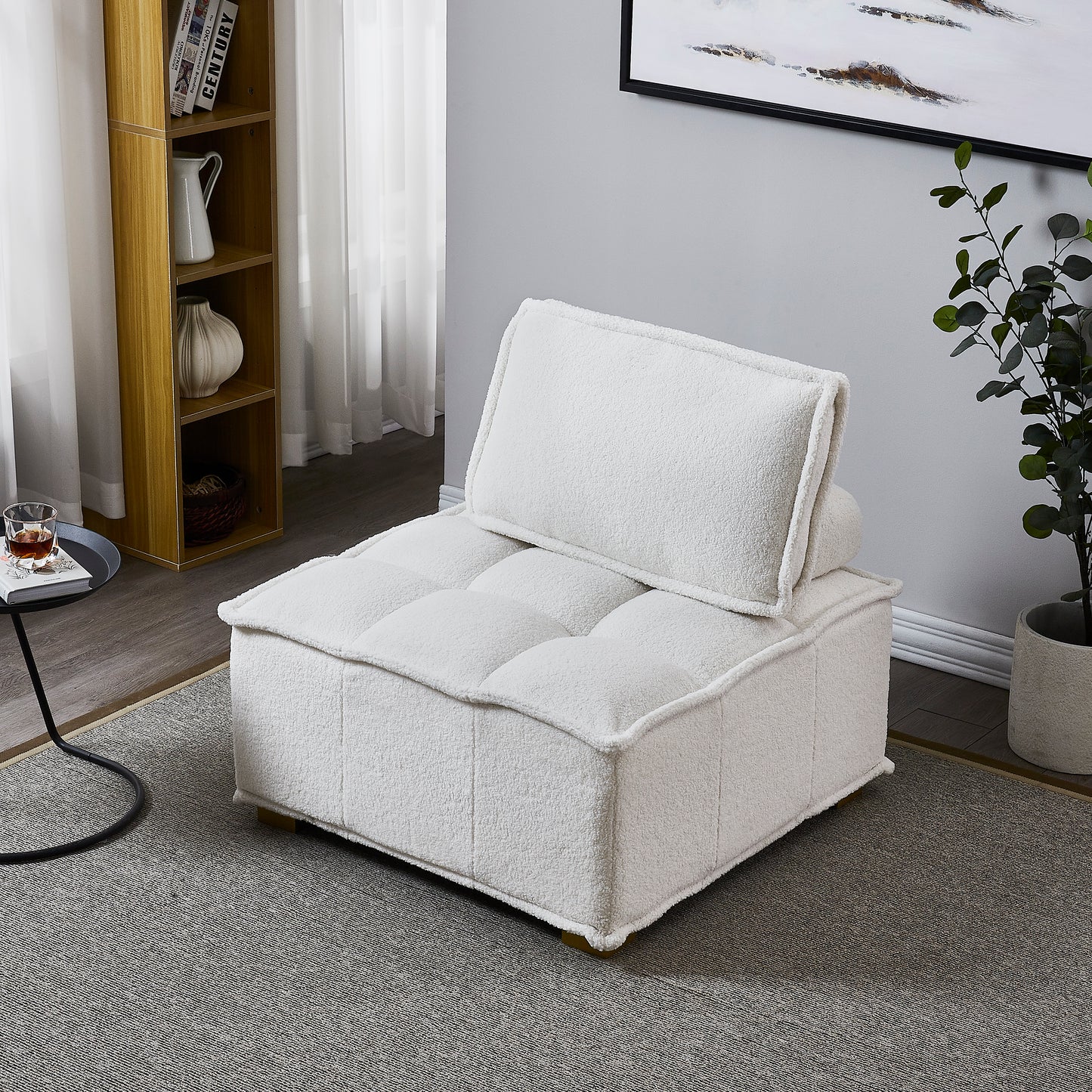 （缺货）Lazy sofa ottoman with gold wooden legs teddy fabric (White)