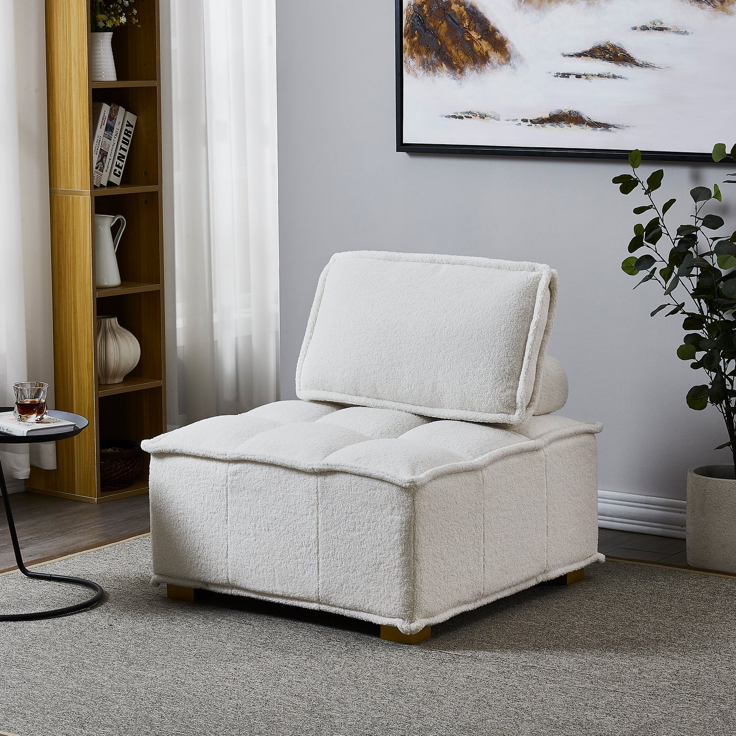 （缺货）Lazy sofa ottoman with gold wooden legs teddy fabric (White)