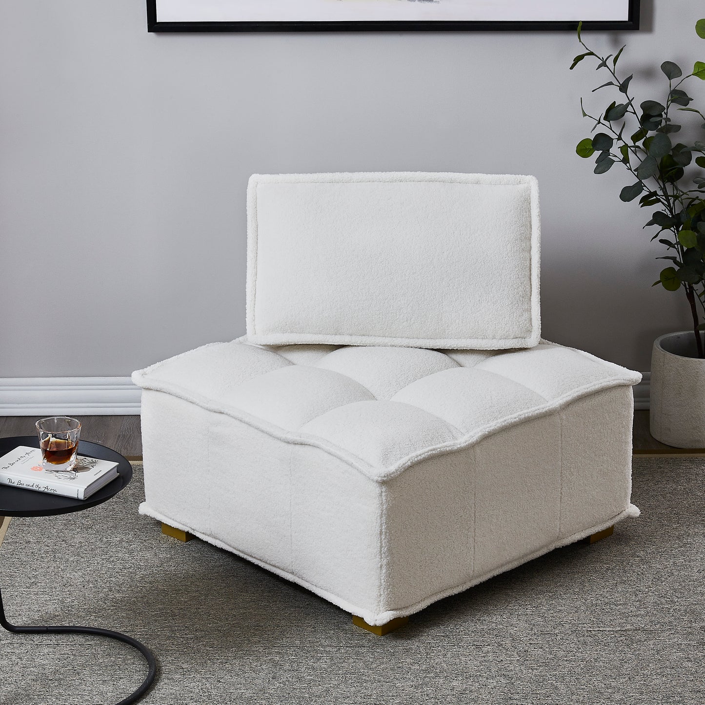 （缺货）Lazy sofa ottoman with gold wooden legs teddy fabric (White)