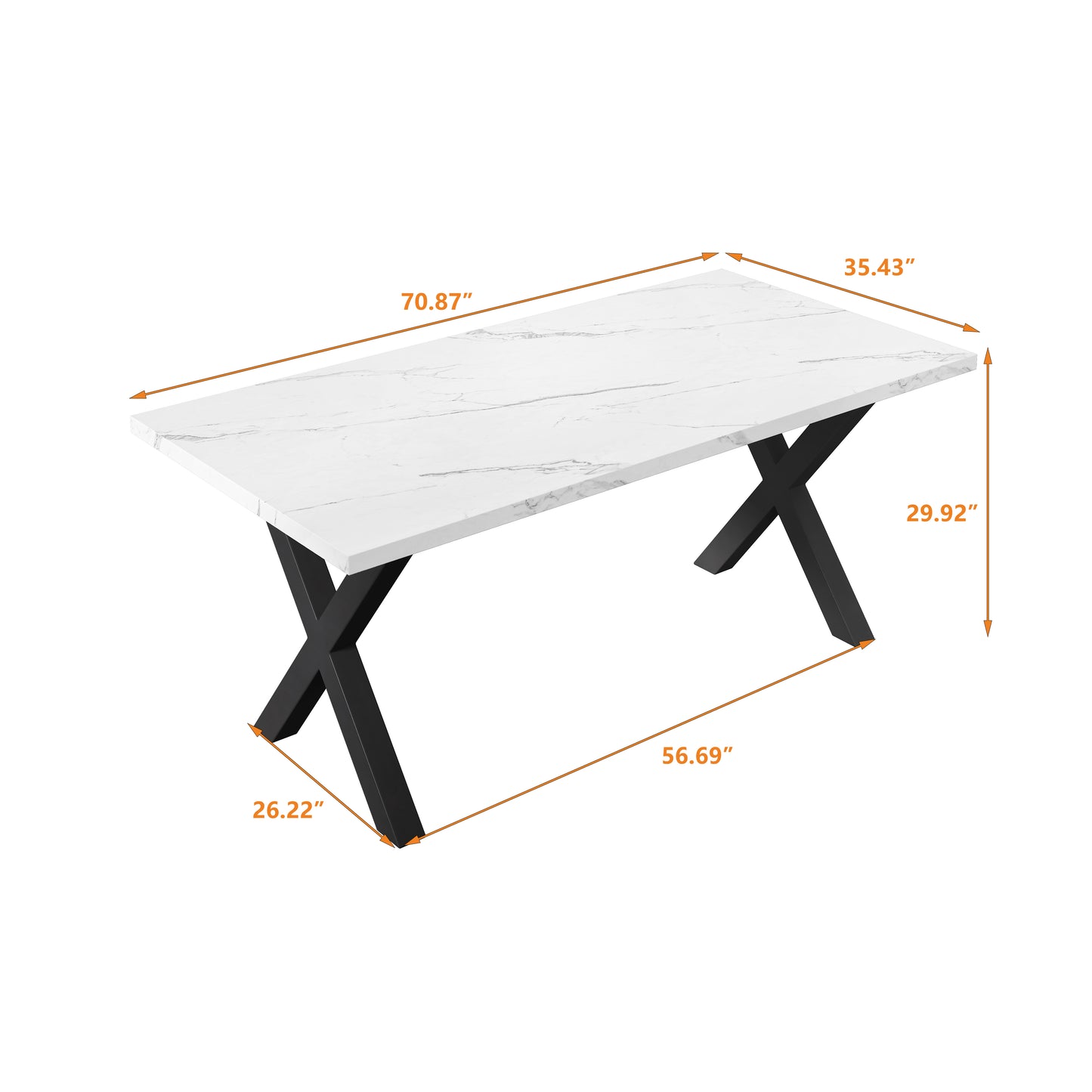 （缺货）70.87"Modern Square Dining Table with Printed White Marble Table Top+Black X-Shape Table Leg