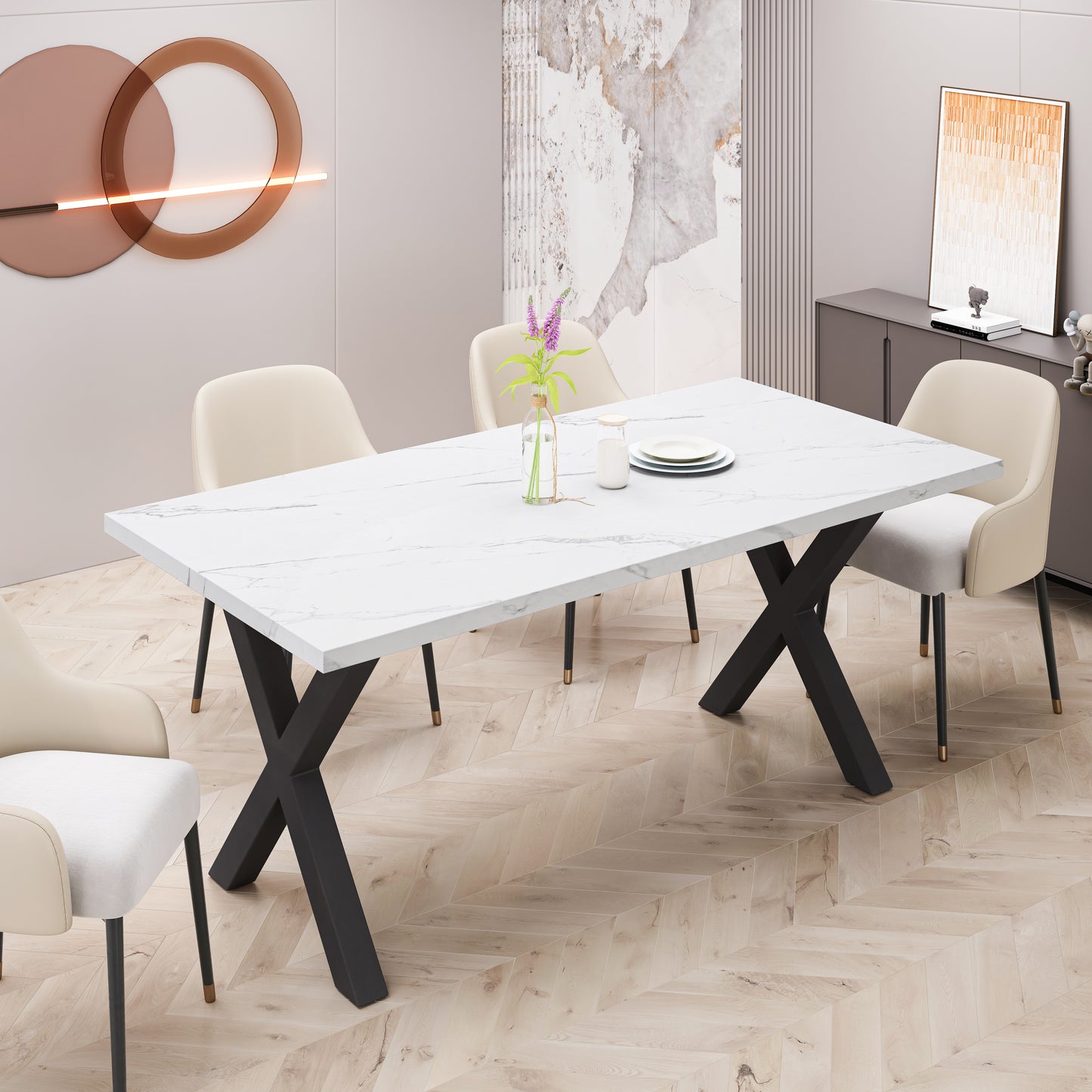 （缺货）70.87"Modern Square Dining Table with Printed White Marble Table Top+Black X-Shape Table Leg