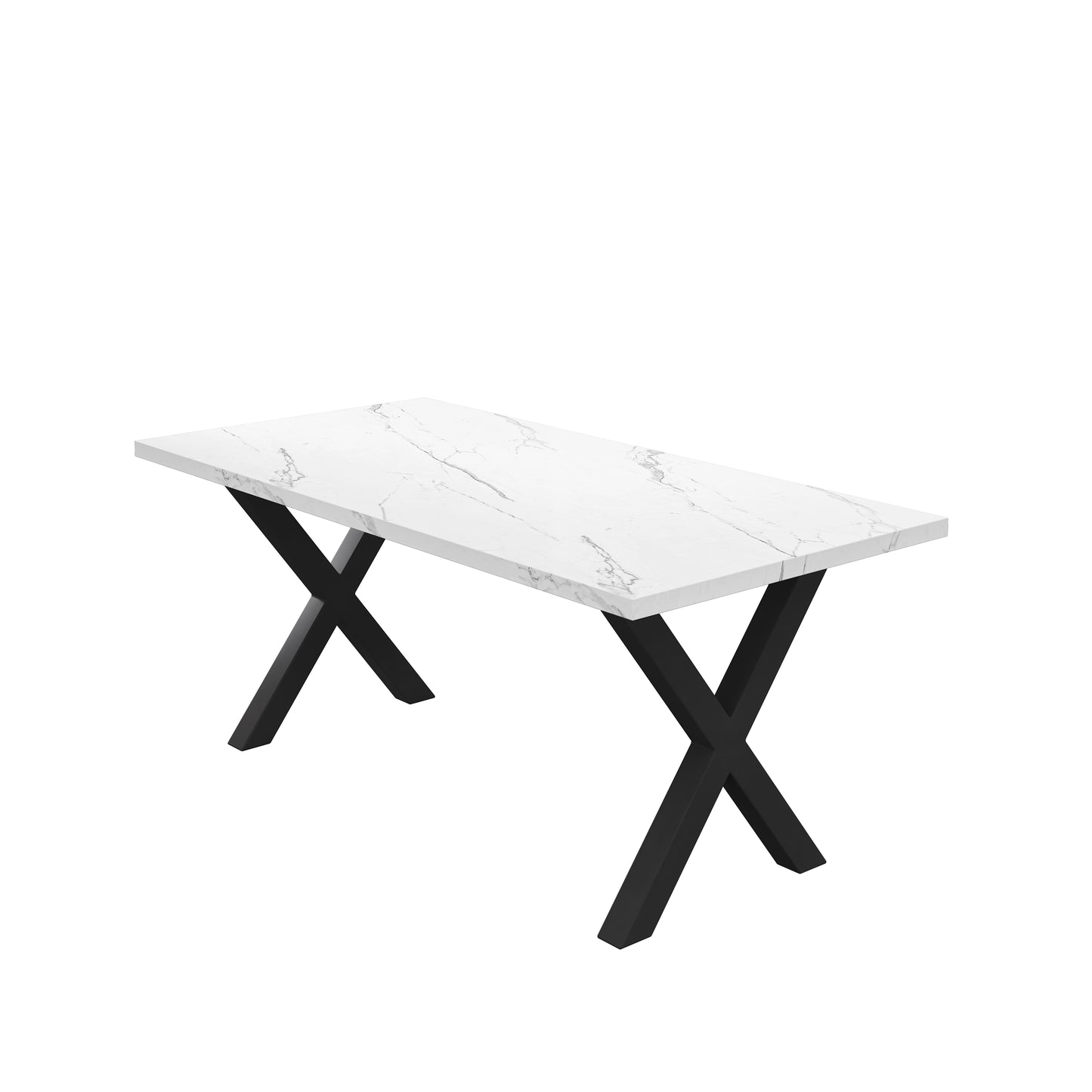 （缺货）70.87"Modern Square Dining Table with Printed White Marble Table Top+Black X-Shape Table Leg