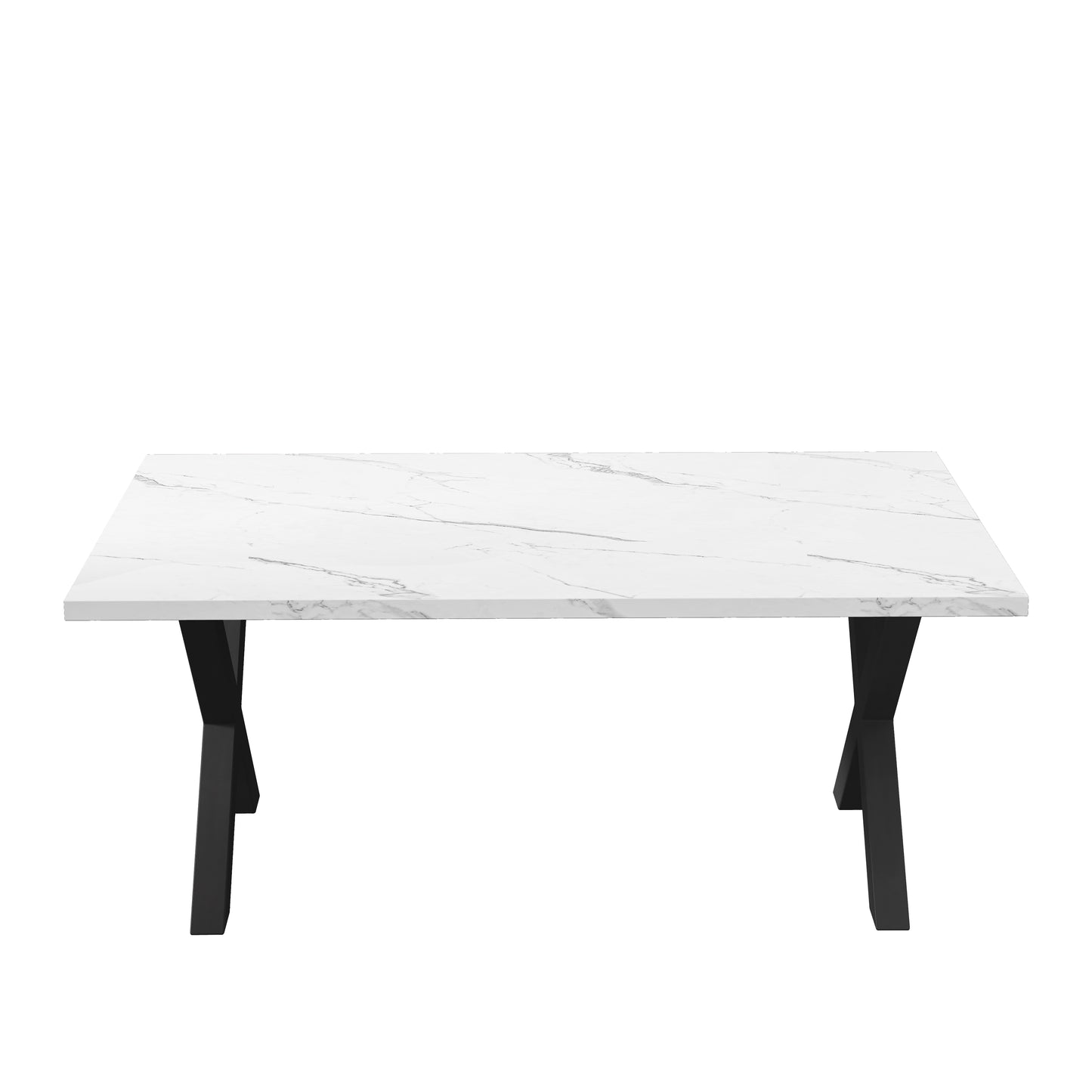 （缺货）70.87"Modern Square Dining Table with Printed White Marble Table Top+Black X-Shape Table Leg