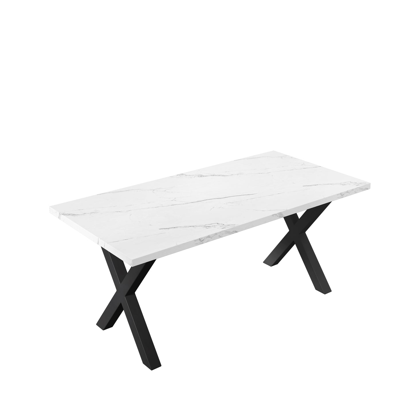 （缺货）70.87"Modern Square Dining Table with Printed White Marble Table Top+Black X-Shape Table Leg