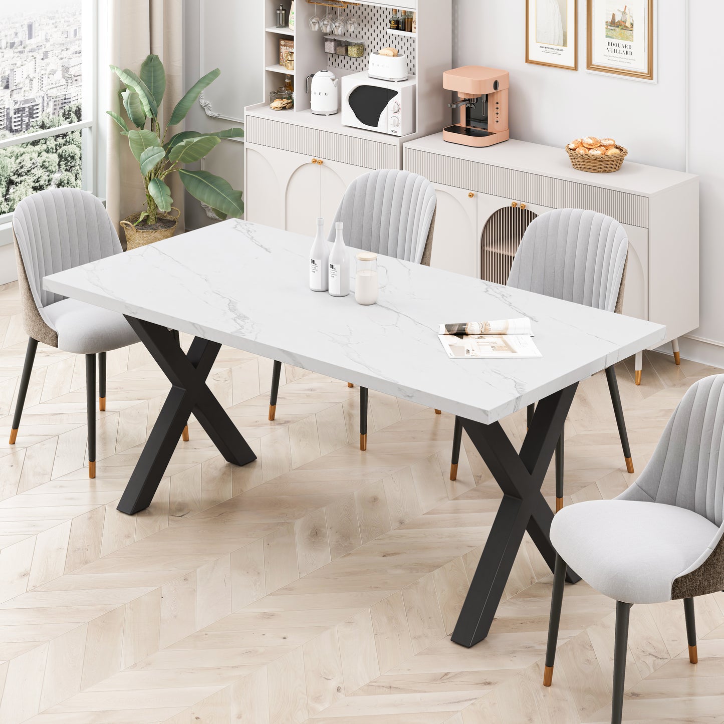 （缺货）70.87"Modern Square Dining Table with Printed White Marble Table Top+Black X-Shape Table Leg