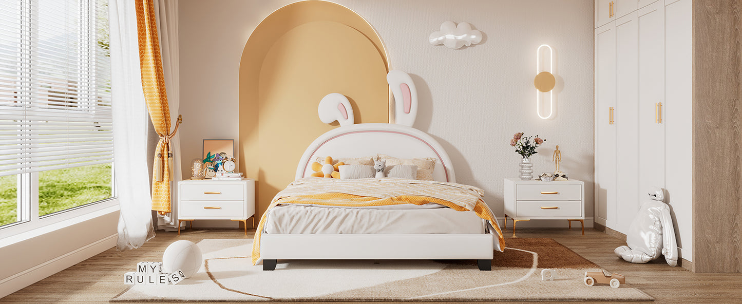 Full Size Upholstered Leather Platform Bed with Rabbit Ornament, White