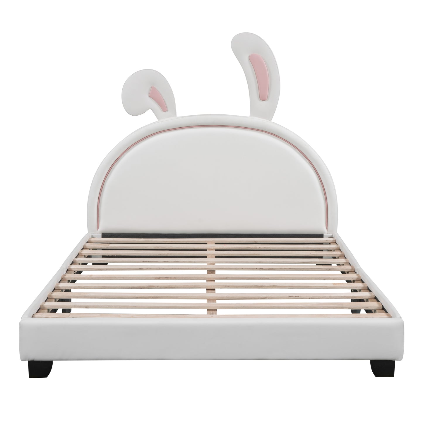 Full Size Upholstered Leather Platform Bed with Rabbit Ornament, White