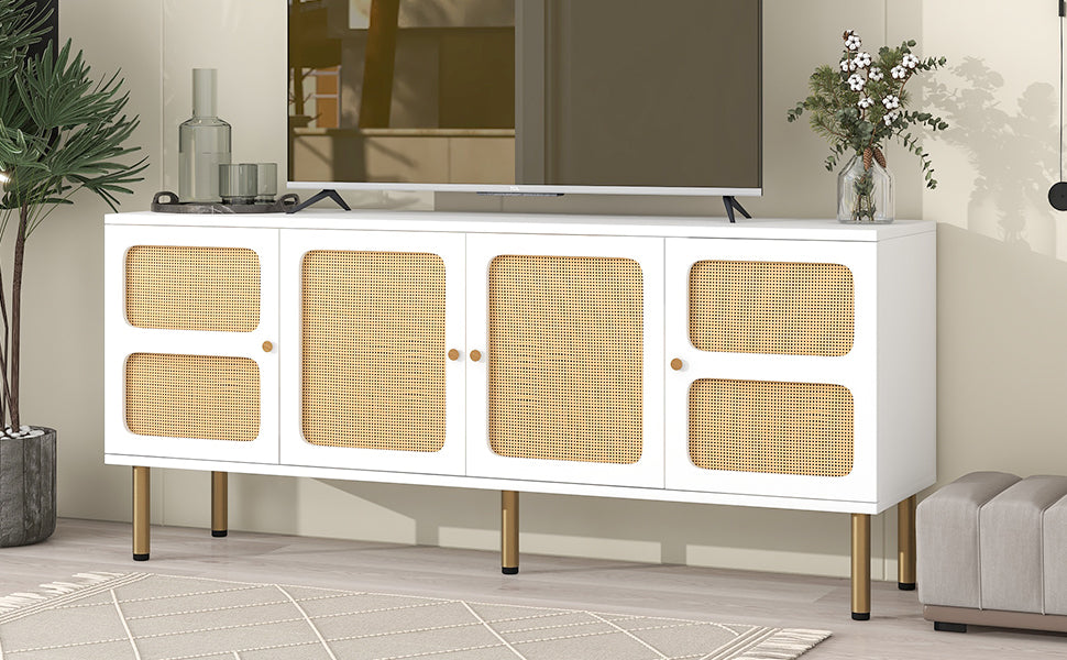 （缺货）ON-TREND Boho style TV Stand with Rattan Door, Woven Media Console Table for TVs Up to 70'', Country Style Design Side Board with Gold Metal Base for Living Room, White.