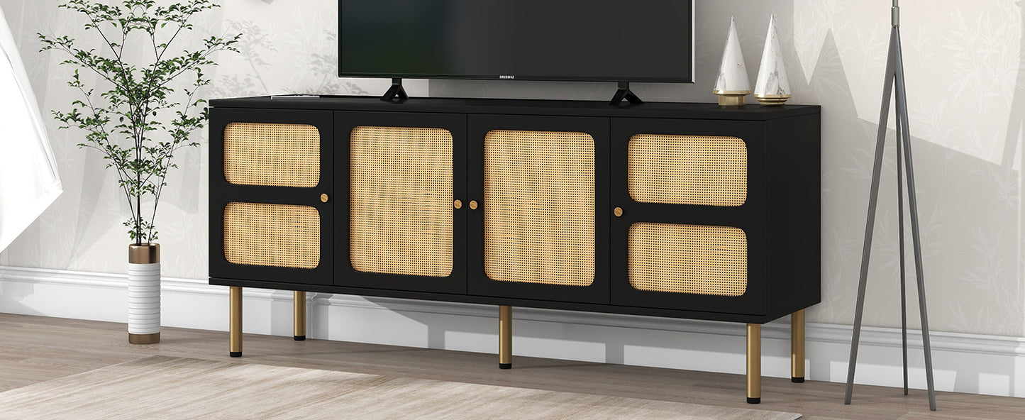 ON-TREND Boho style TV Stand with Rattan Door, Woven Media Console Table for TVs Up to 70'', Country Style Design Side Board with Gold Metal Base for Living Room, Black.