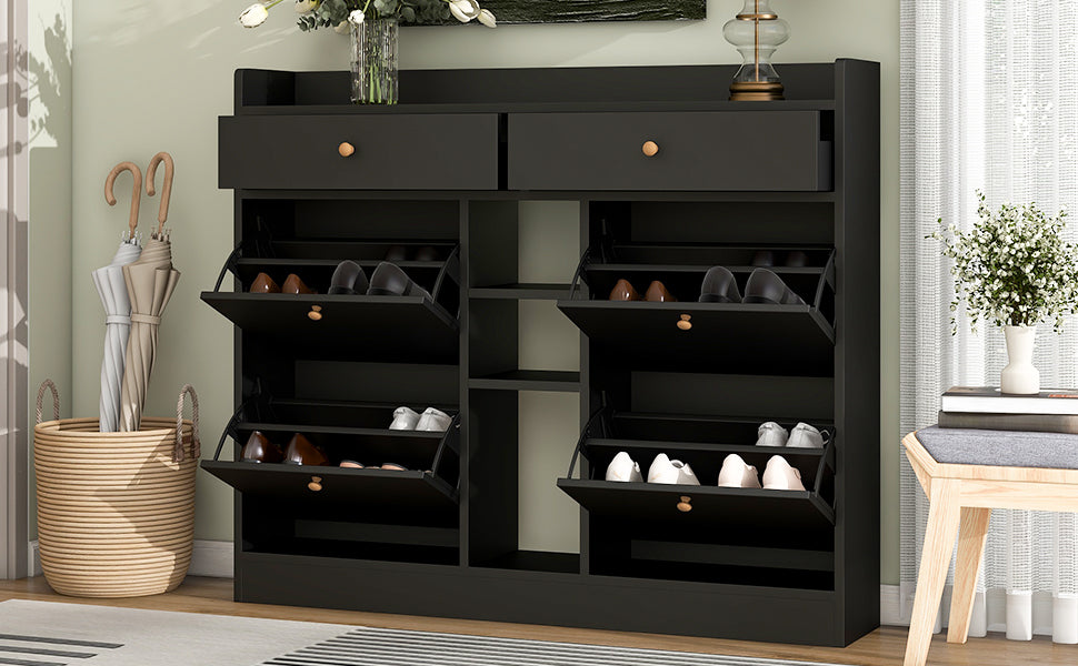 ON-TREND Modern Shoe Cabinet with 4 Flip Drawers, Multifunctional 2-Tier Shoe Storage Organizer with Drawers, Free Standing Shoe Rack for Entrance Hallway, Black.