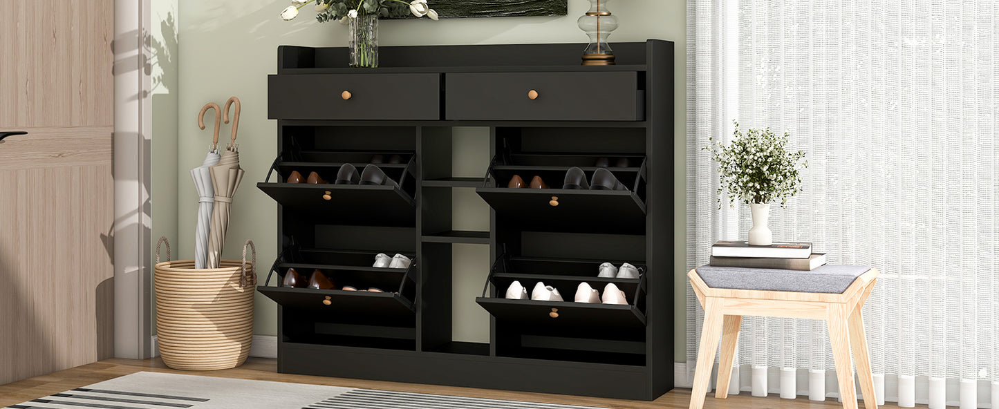 ON-TREND Modern Shoe Cabinet with 4 Flip Drawers, Multifunctional 2-Tier Shoe Storage Organizer with Drawers, Free Standing Shoe Rack for Entrance Hallway, Black.