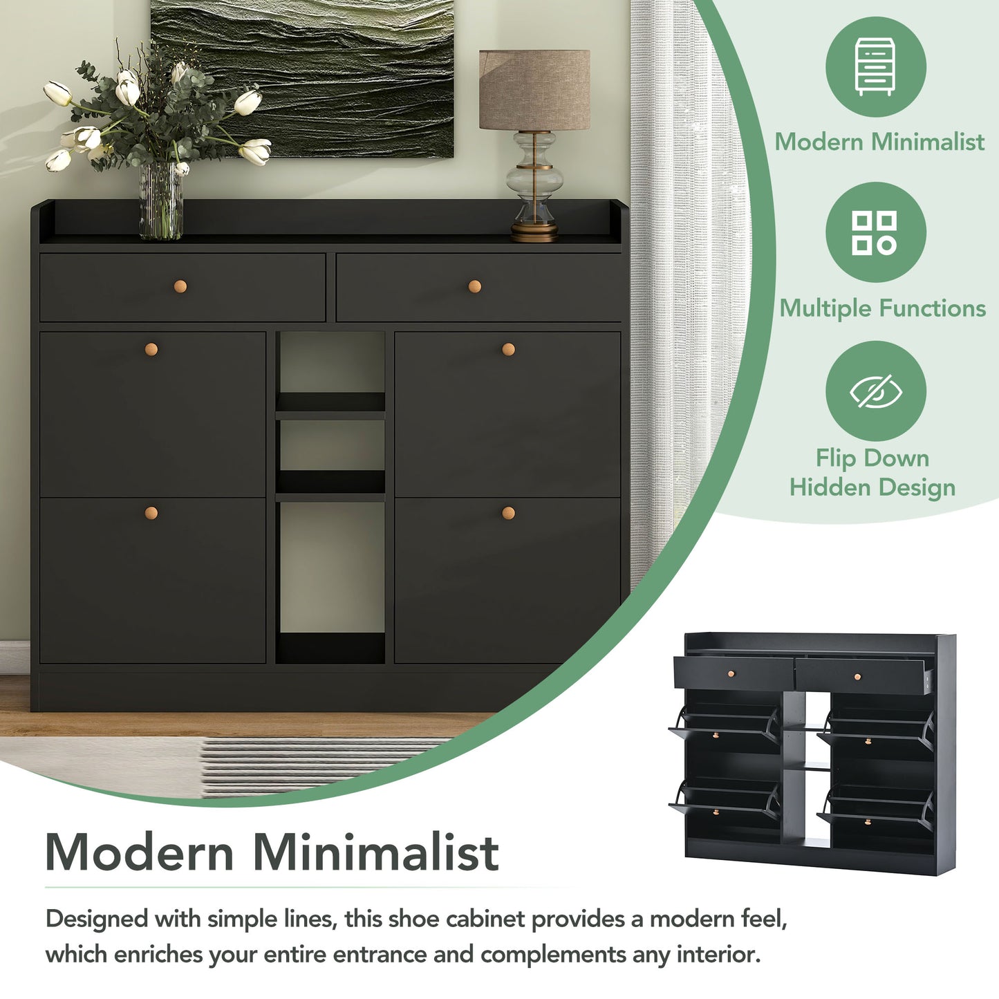 ON-TREND Modern Shoe Cabinet with 4 Flip Drawers, Multifunctional 2-Tier Shoe Storage Organizer with Drawers, Free Standing Shoe Rack for Entrance Hallway, Black.