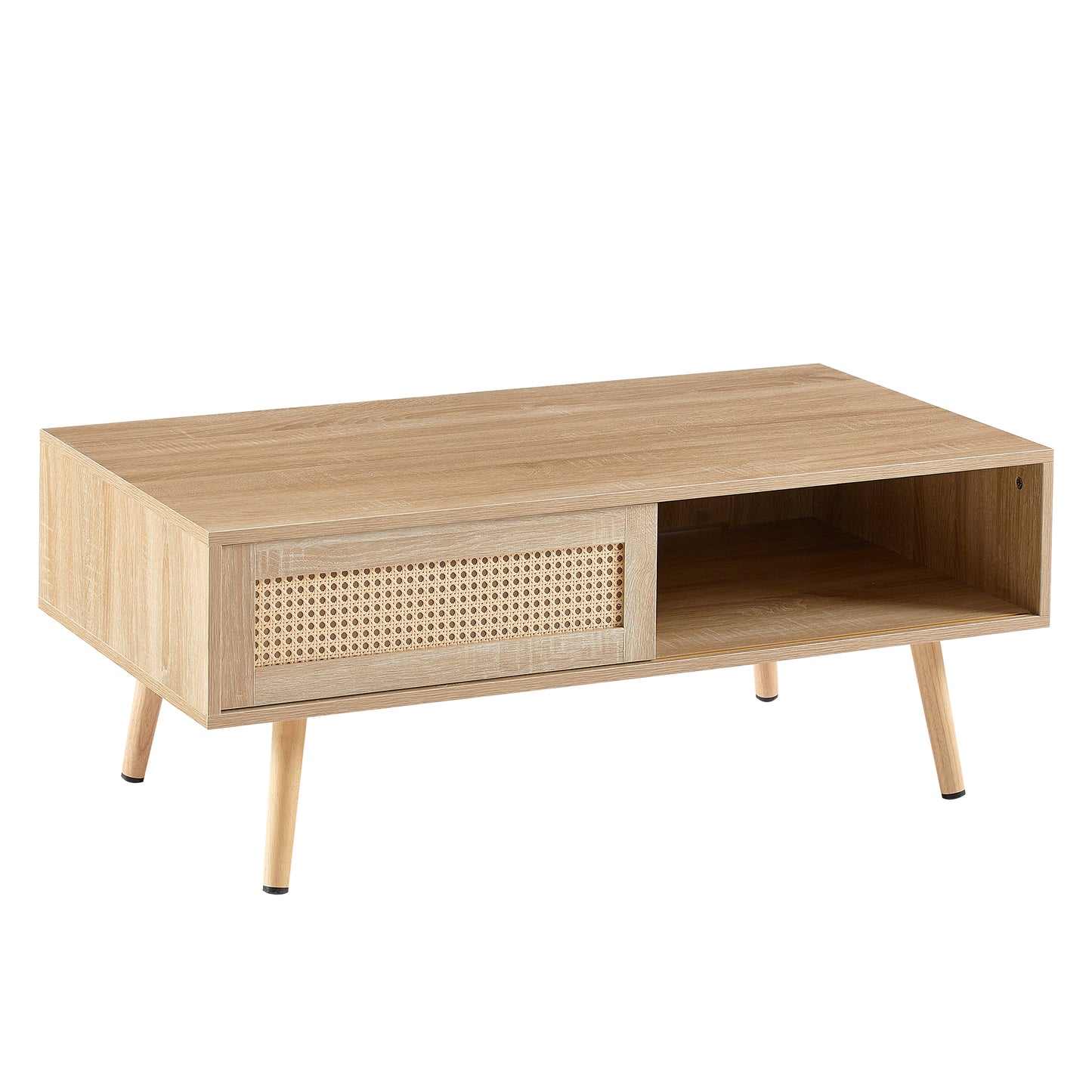 41.34" Rattan Coffee table, sliding door for storage, solid wood legs, Modern table for living room , natural