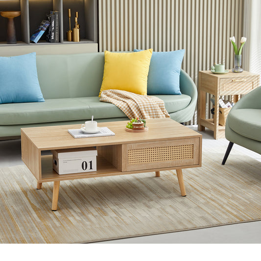 （9-12 -9-19到货）41.34" Rattan Coffee table, sliding door for storage, solid wood legs, Modern table for living room , natural