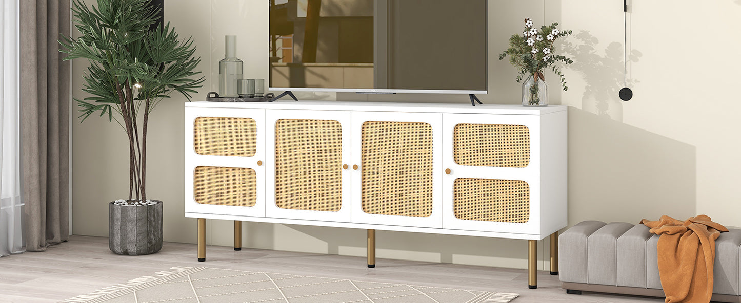 （缺货）ON-TREND Boho style TV Stand with Rattan Door, Woven Media Console Table for TVs Up to 70'', Country Style Design Side Board with Gold Metal Base for Living Room, White.