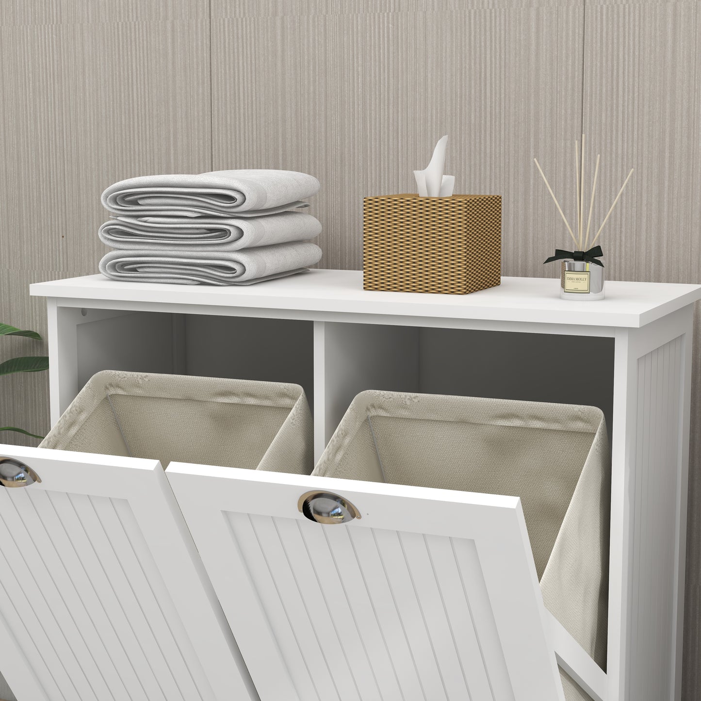 Two-Compartment Tilt-Out Laundry Sorter Cabinet-White