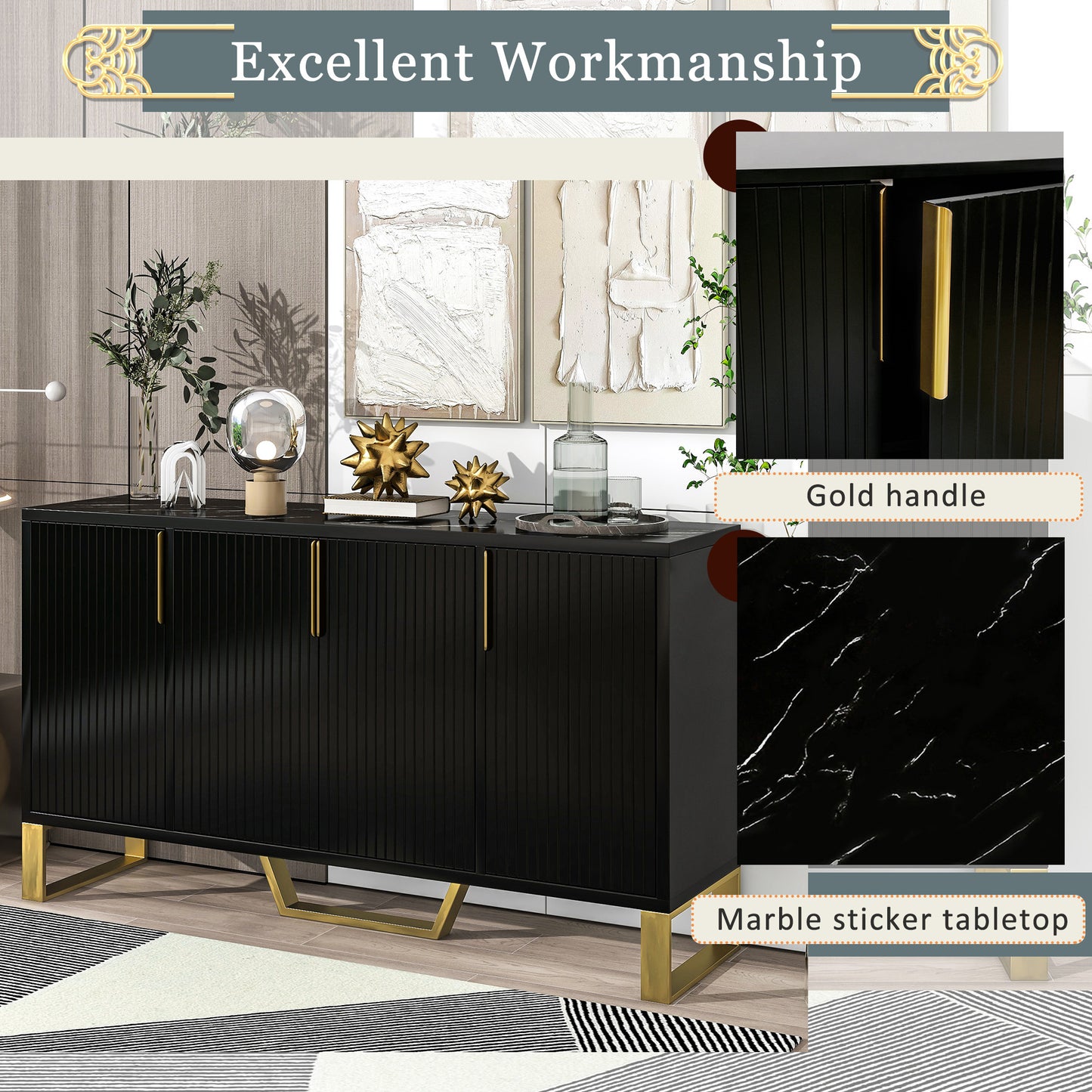 TREXM Modern sideboard with Four Doors, Metal handles & Legs and Adjustable Shelves Kitchen Cabinet (Black)