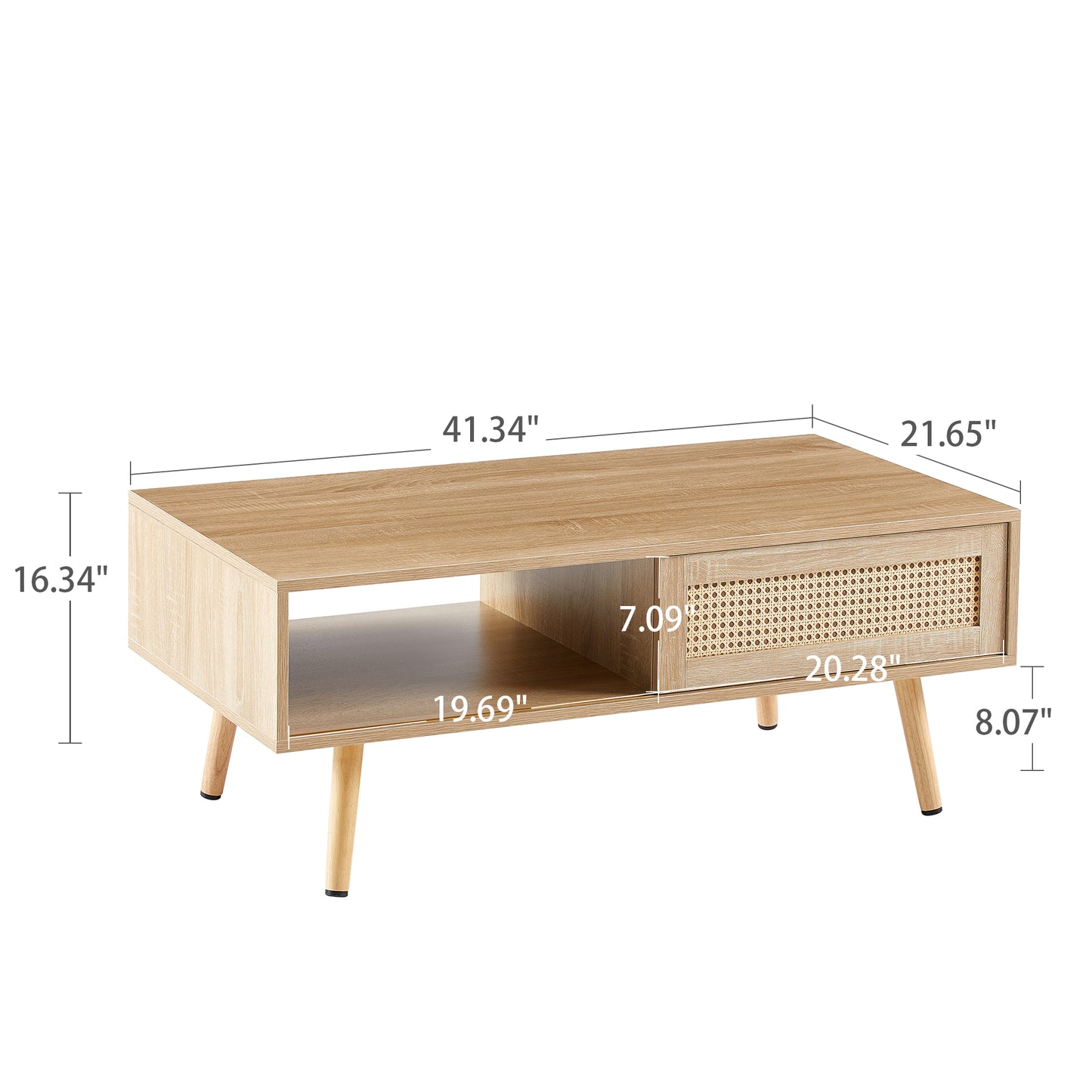 41.34" Rattan Coffee table, sliding door for storage, solid wood legs, Modern table for living room , natural