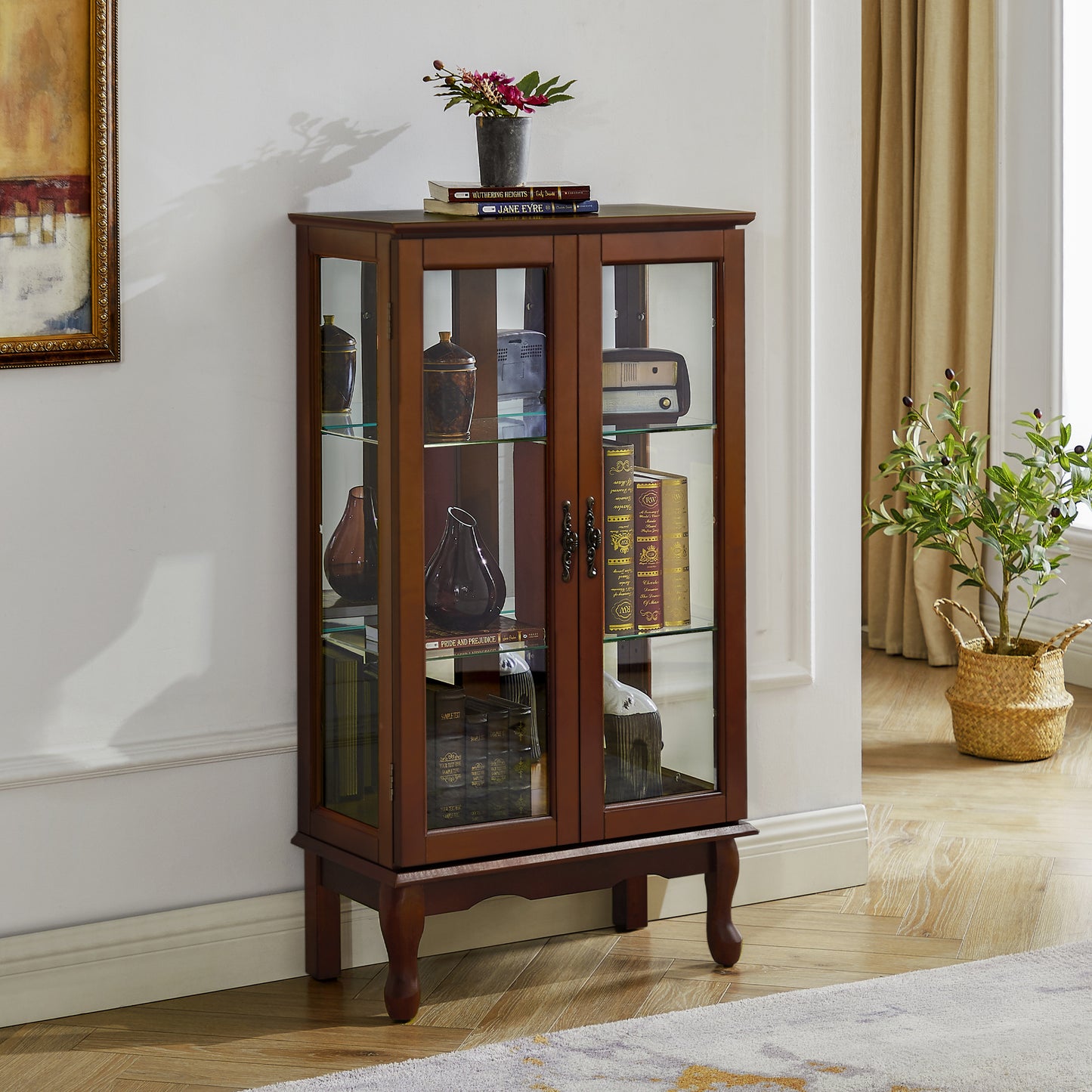 Curio Cabinet Lighted Curio Diapaly Cabinet with Adjustable Shelves and Mirrored Back Panel, Tempered Glass Doors (Walnut, 3 Tier), (E26 light bulb not included)