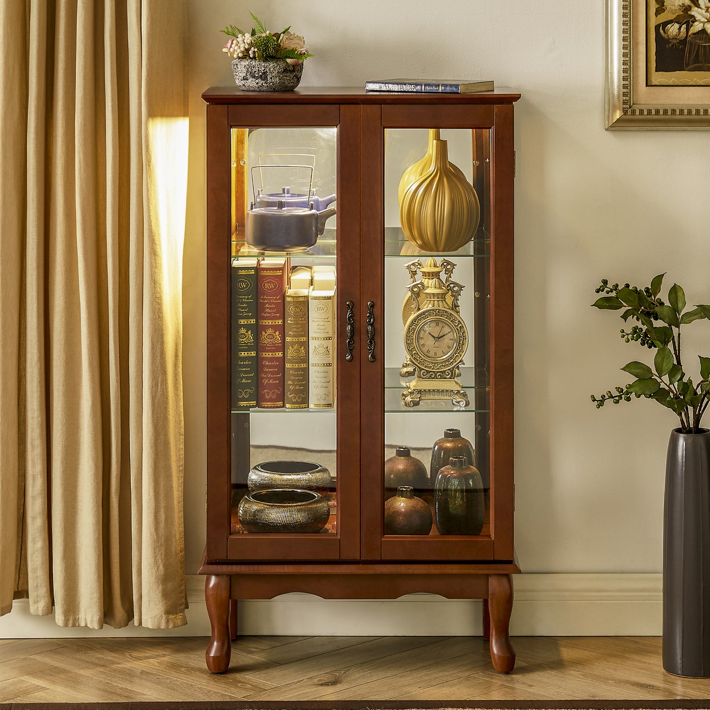 Curio Cabinet Lighted Curio Diapaly Cabinet with Adjustable Shelves and Mirrored Back Panel, Tempered Glass Doors (Walnut, 3 Tier), (E26 light bulb not included)