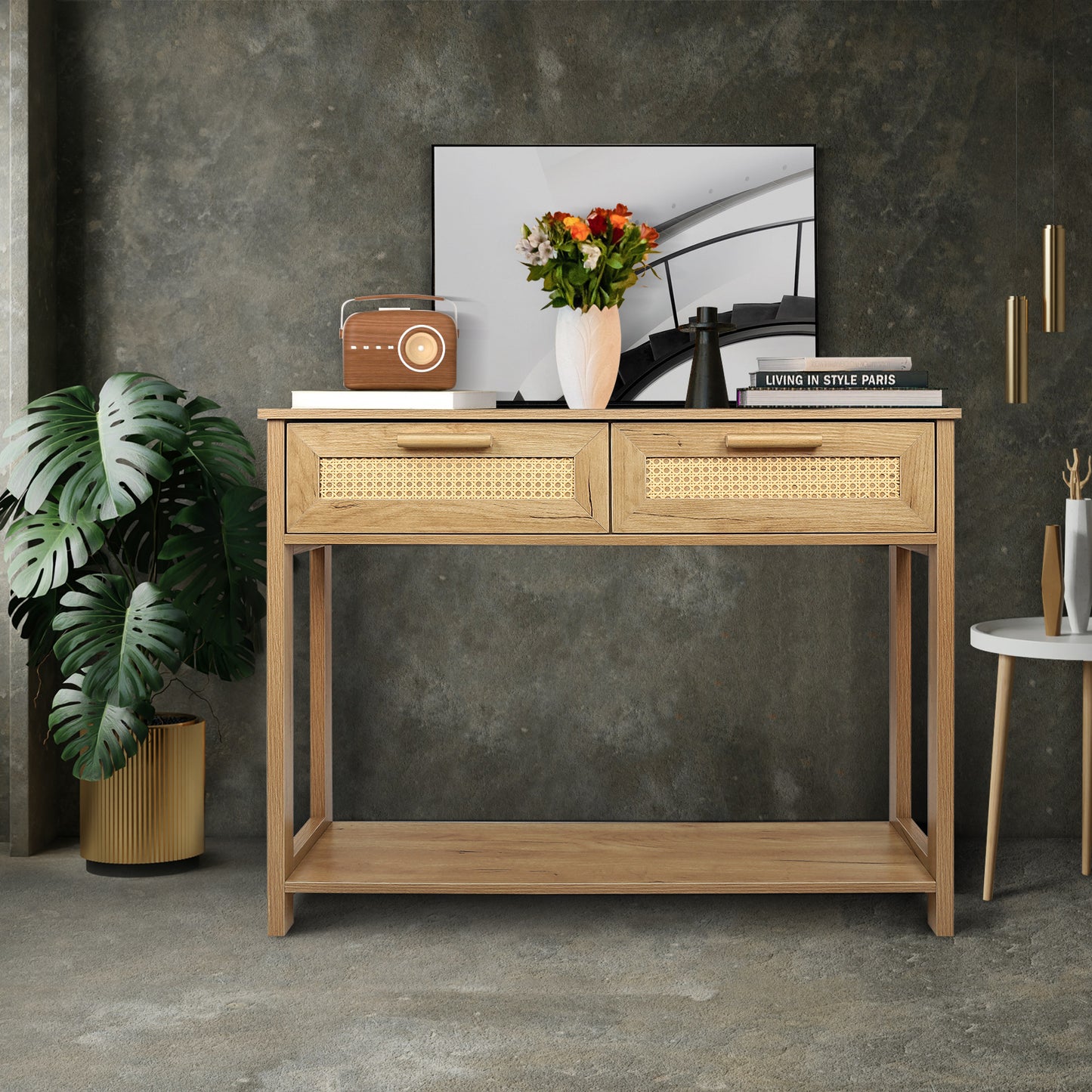 （预计9.21~9.28到货）Console Table with 2 Drawers, Sofa Table, Entryway Table with open Storage Shelf, Narrow Accent Table with rattan design for Living Room/Entryway/Hallway, Natural Color