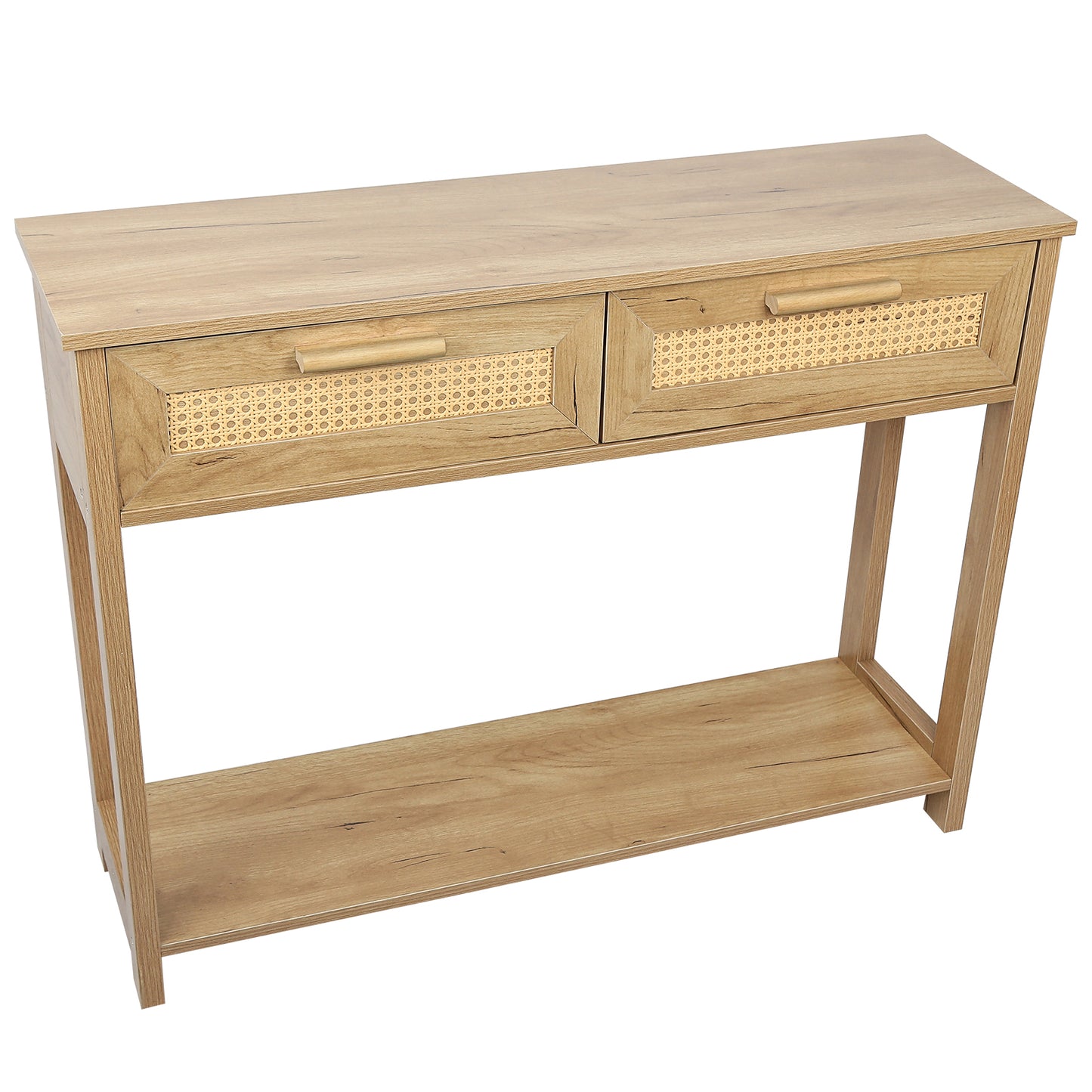 （预计9.21~9.28到货）Console Table with 2 Drawers, Sofa Table, Entryway Table with open Storage Shelf, Narrow Accent Table with rattan design for Living Room/Entryway/Hallway, Natural Color