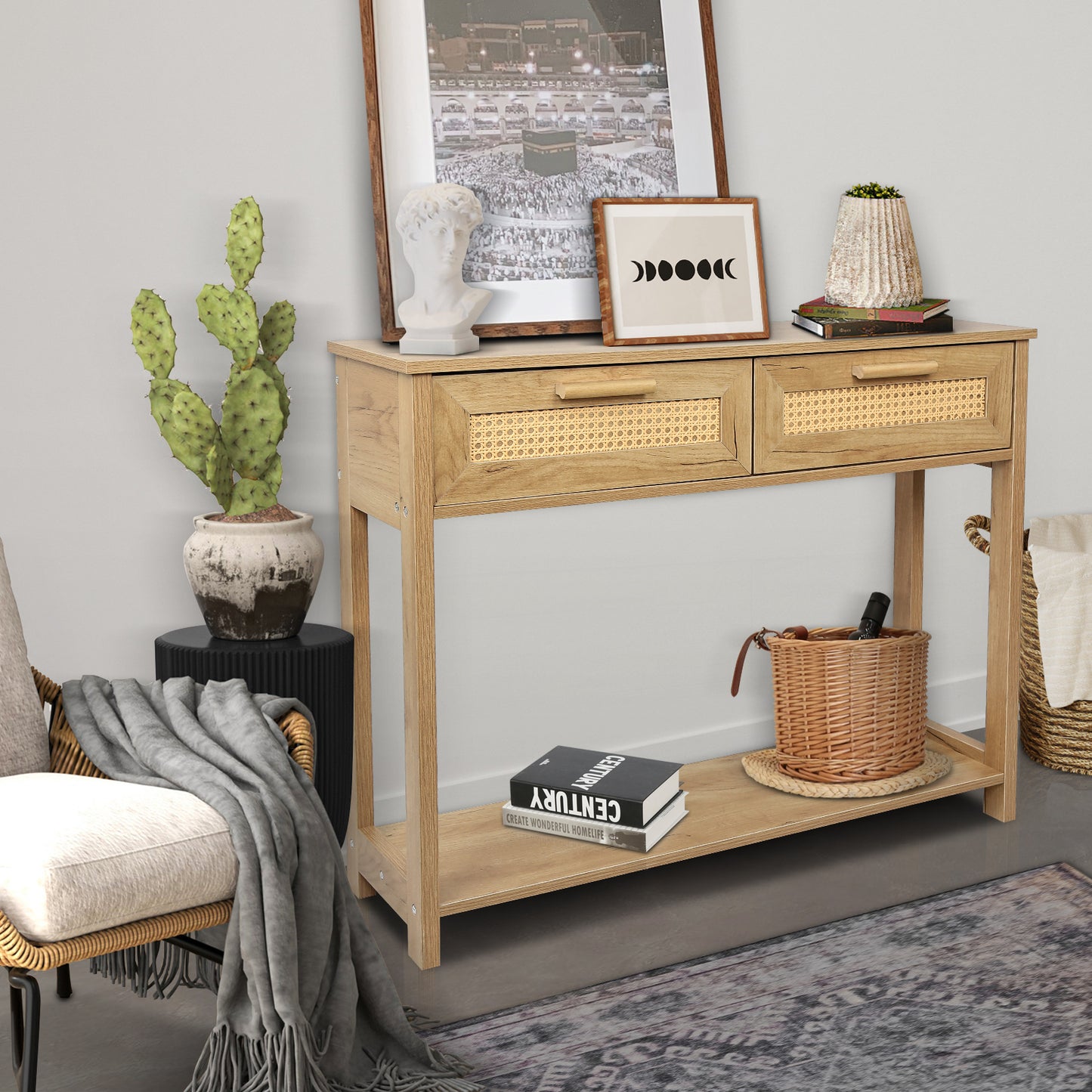 （预计9.21~9.28到货）Console Table with 2 Drawers, Sofa Table, Entryway Table with open Storage Shelf, Narrow Accent Table with rattan design for Living Room/Entryway/Hallway, Natural Color