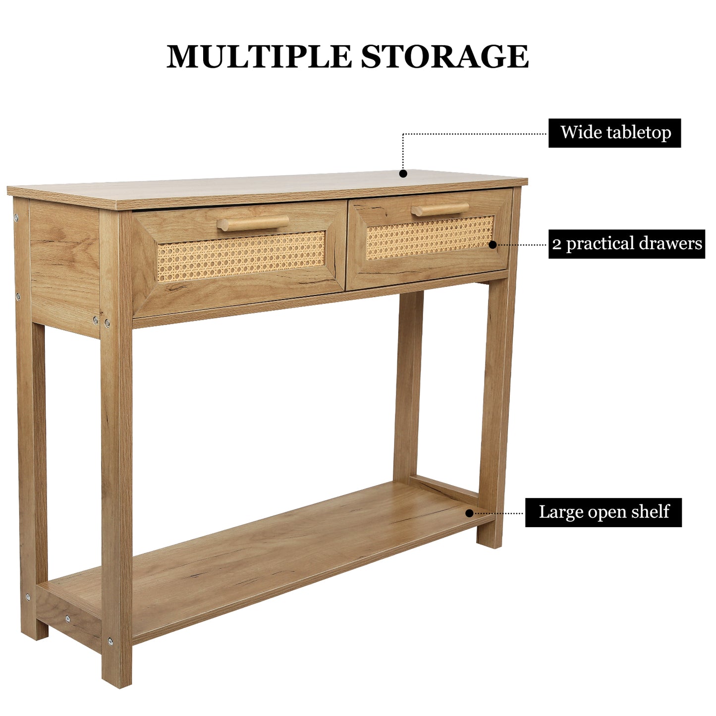 （预计9.21~9.28到货）Console Table with 2 Drawers, Sofa Table, Entryway Table with open Storage Shelf, Narrow Accent Table with rattan design for Living Room/Entryway/Hallway, Natural Color