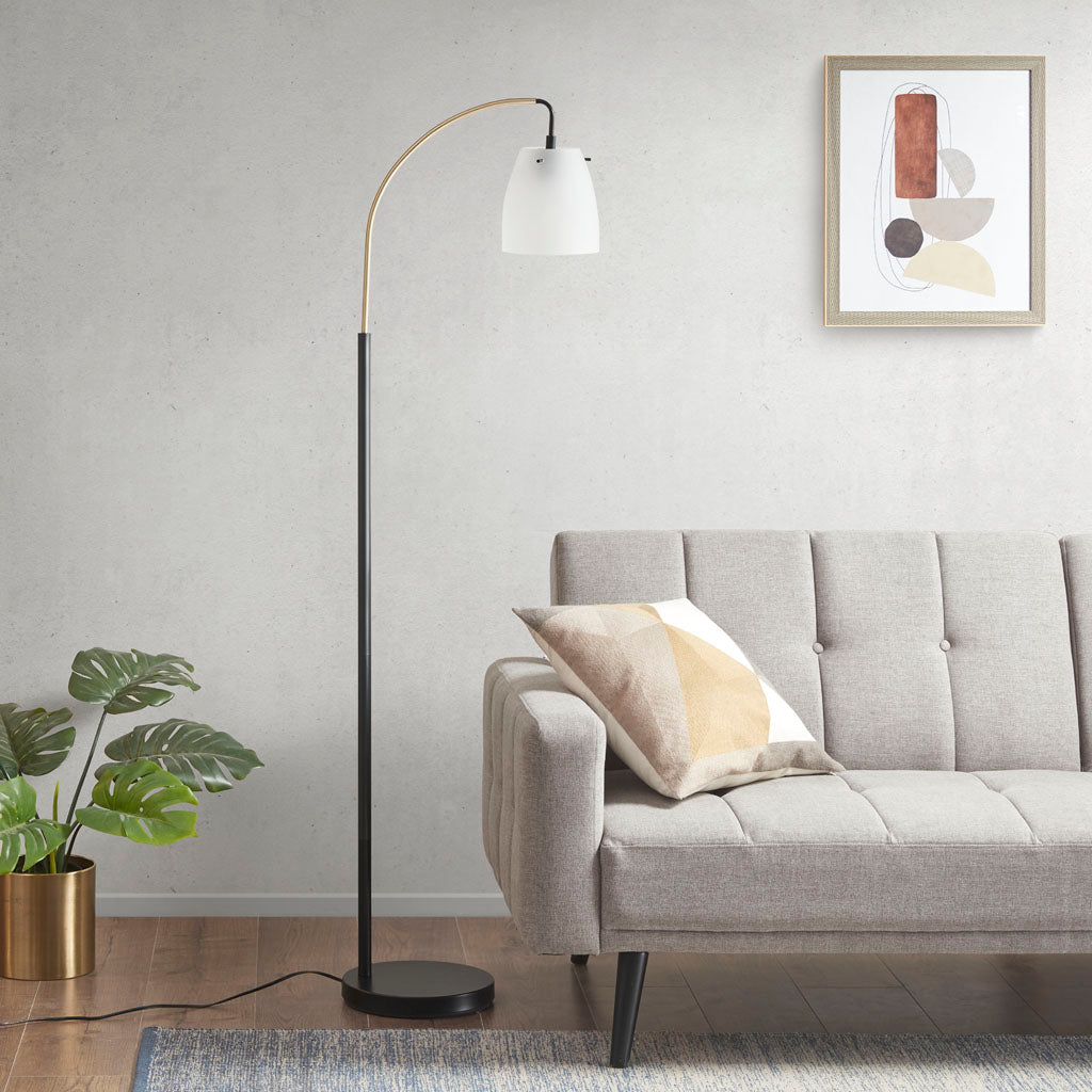 Arched Metal Floor Lamp with Frosted Glass Shade