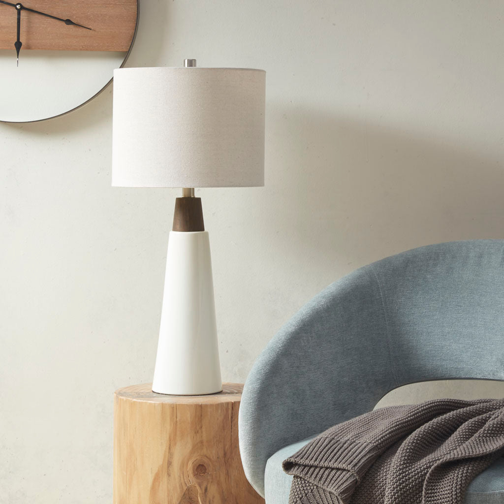 Triangular Ceramic and Wood Table Lamp