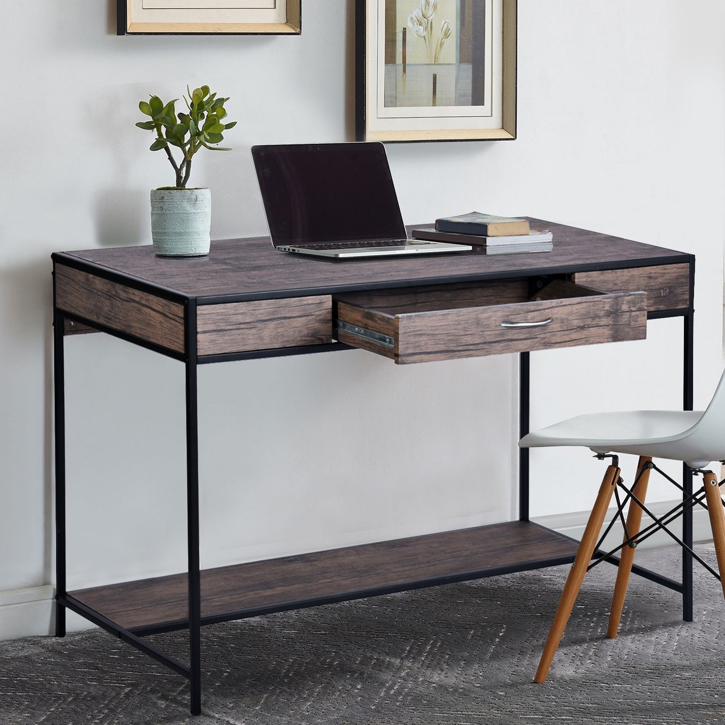 （缺货）43.3"W x 21.6"D x 29.3"H Computer Desk with One Drawer, Walnut & Black